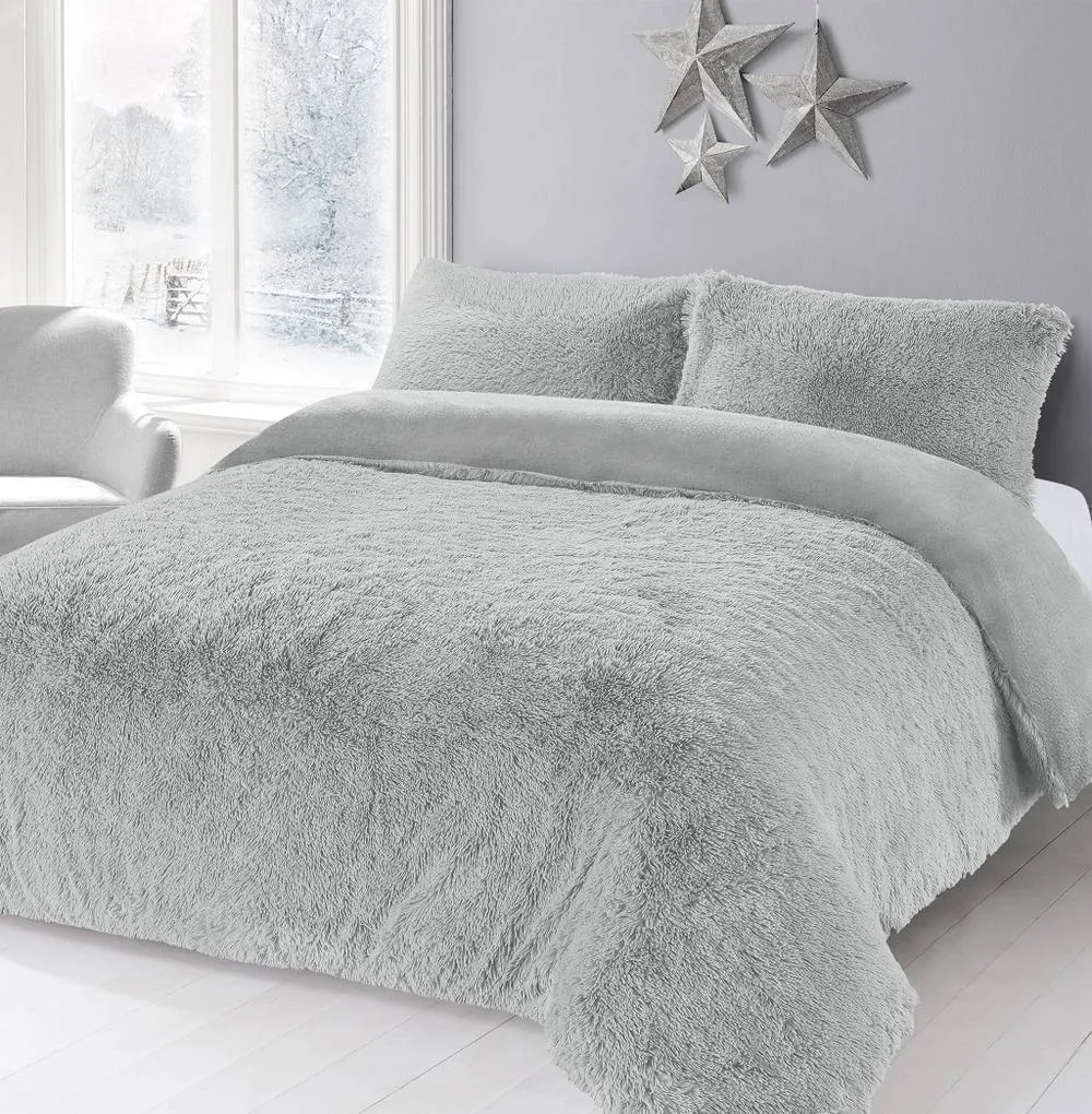 Homes-Linen Alaska Long Fur Teddy Fleece Duvet Cover Set Soft Warm Cosy Bedding in Silver