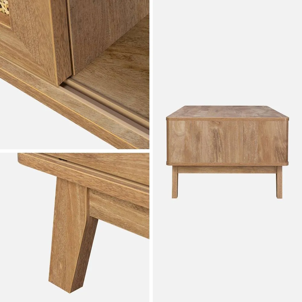 sweeek Coffee Table With Sliding Door Wood & Cane Effect in Light Brown 3