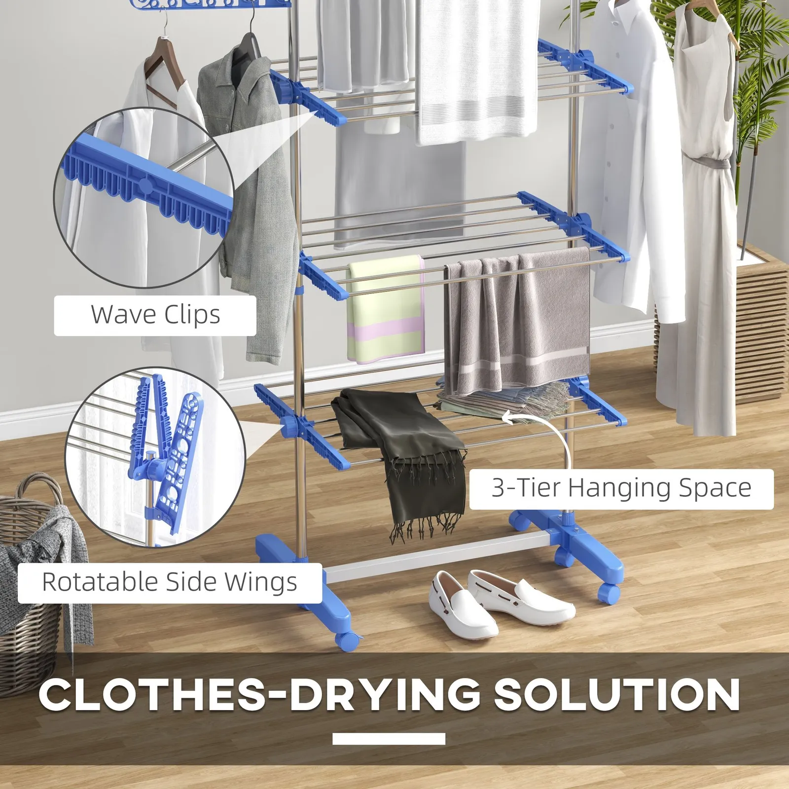 HOMCOM Large Clothes Airer Stainless Steel Clothes Drying Rack in Blue 6