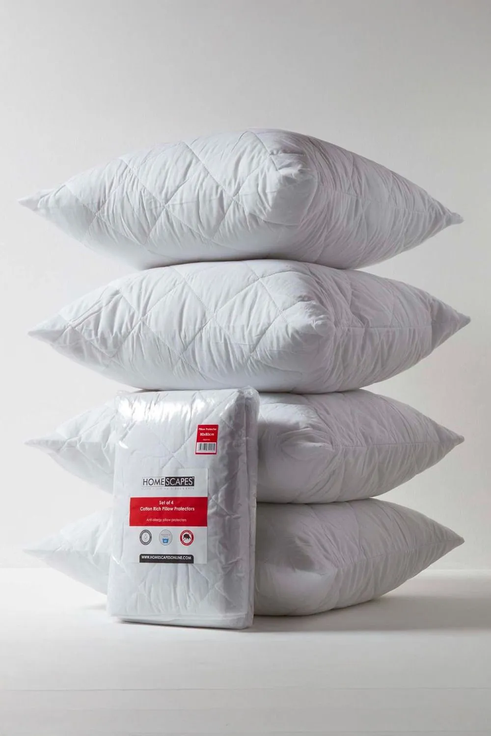 Homescapes Cotton Rich Quilted Pillow Protectors 80 x 80 cm, Pack of 4 in White