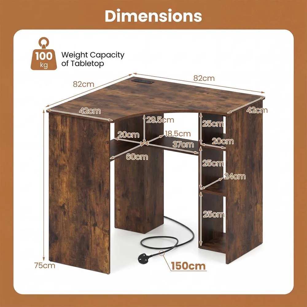 Costway Triangle Corner Computer Desk with Charging Station & Open Shelves in Brown 2