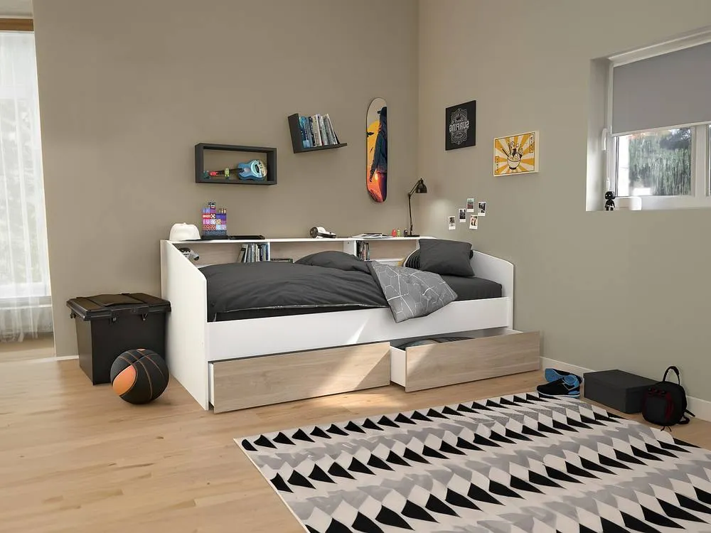 Vente-unique Bed 90 X 190/200 Cm With Storage - White & Natural + Bed Base in Light Oak 4