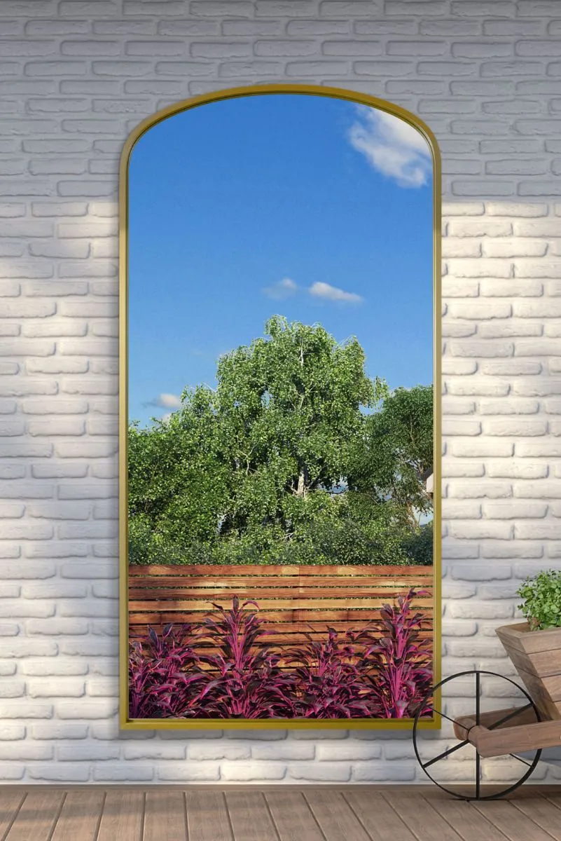 MirrorOutlet Gold Metal Framed Arched Garden Wall Mirror 79"x39" (200x100CM)