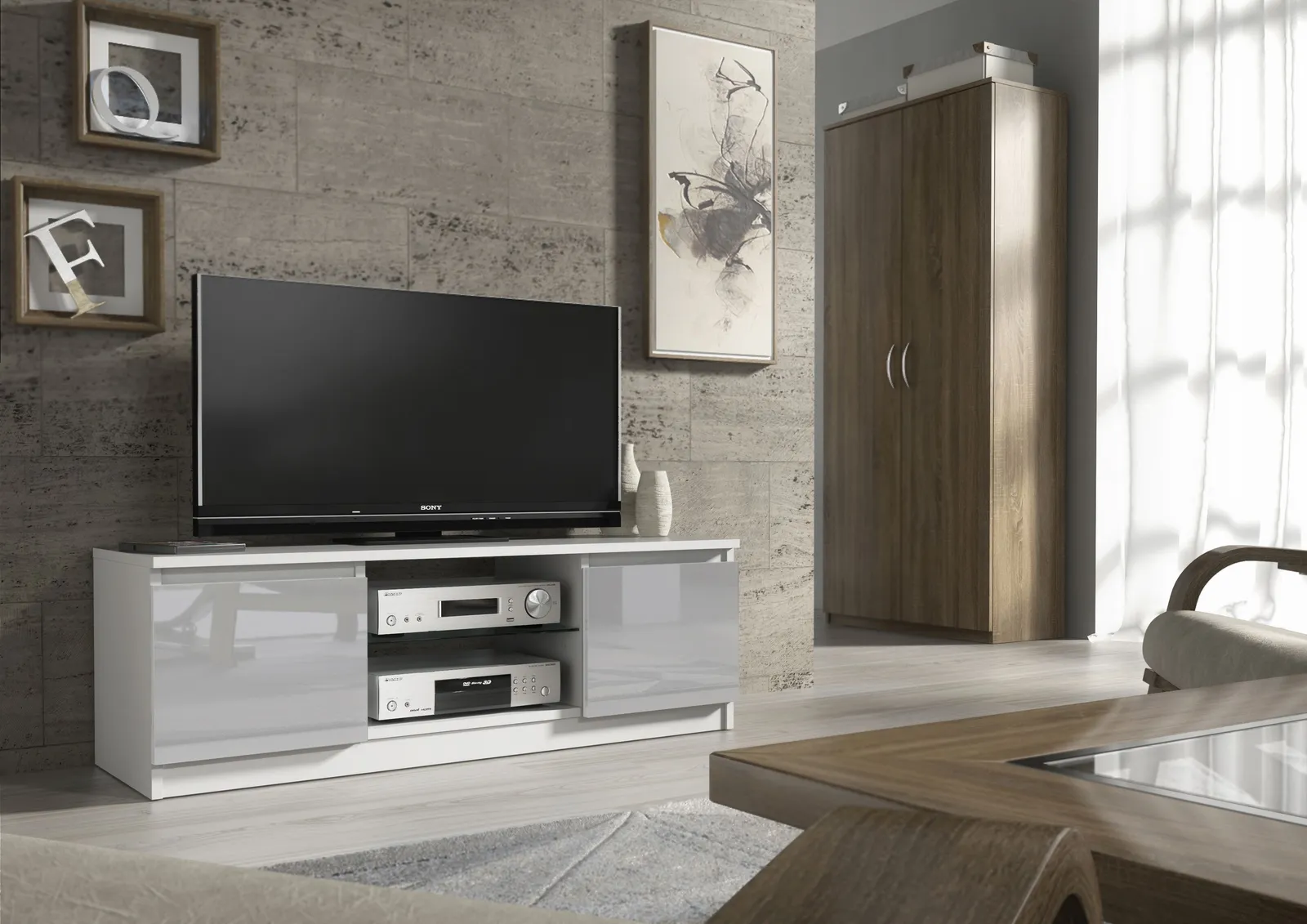 Creative Furniture TV Unit 120cm Modern - White with High Gloss Grey Doors 2