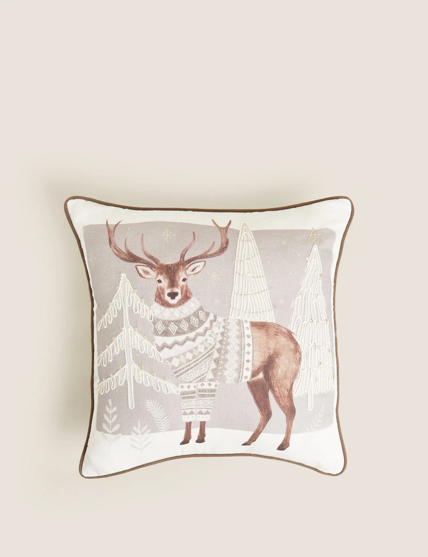 M&S Cotton Rich Winter Stag Piped Cushion