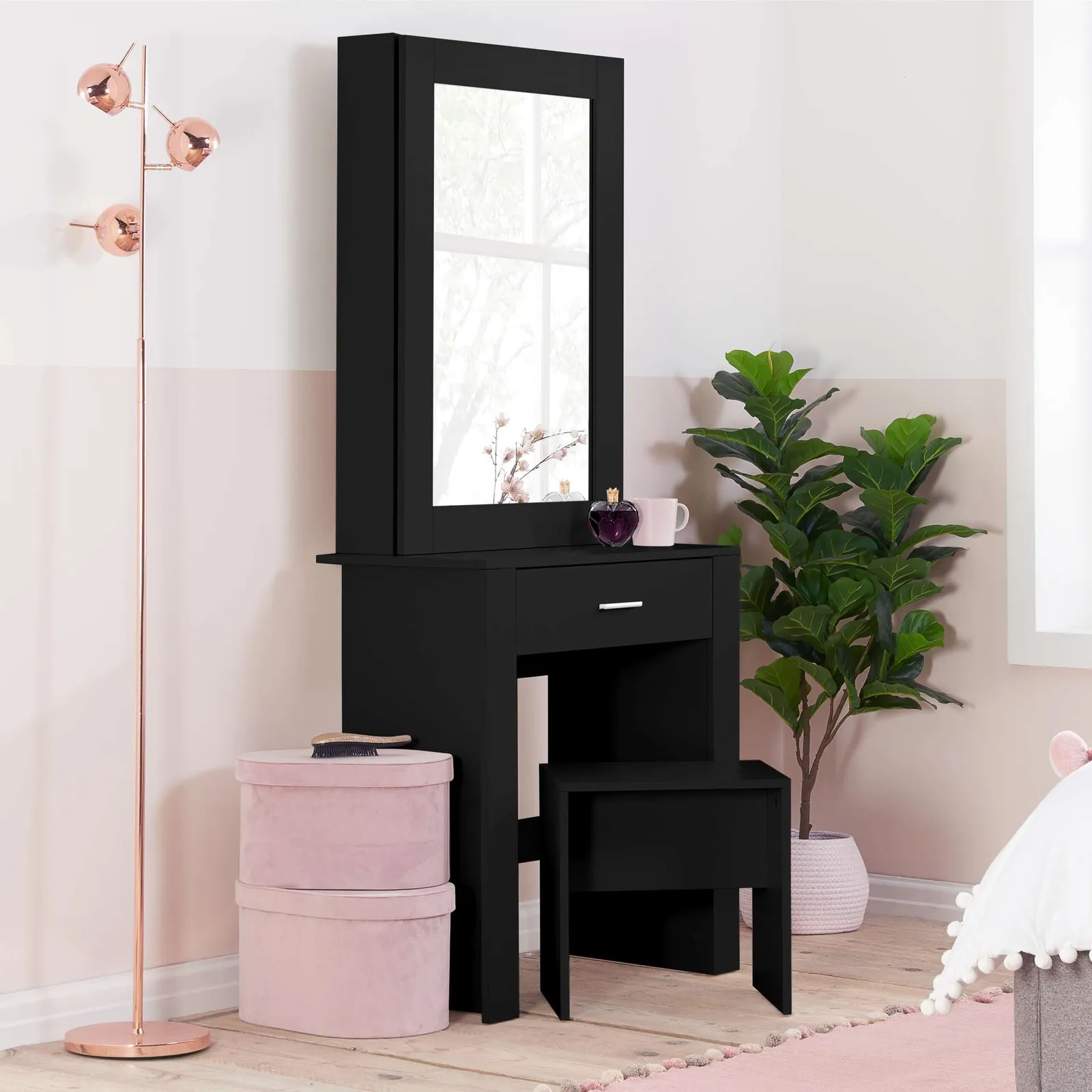 Birlea Evelyn 1 Drawer Sliding Mirror Dressing Table White in Black 2