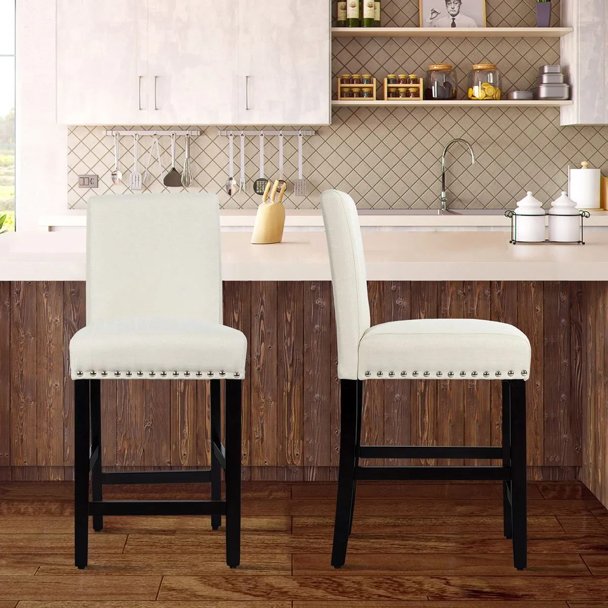 Costway Set of 2 Bar Stools Counter Height Chair Upholstered W/ Low Backrest & Wide Seat in Beige 6