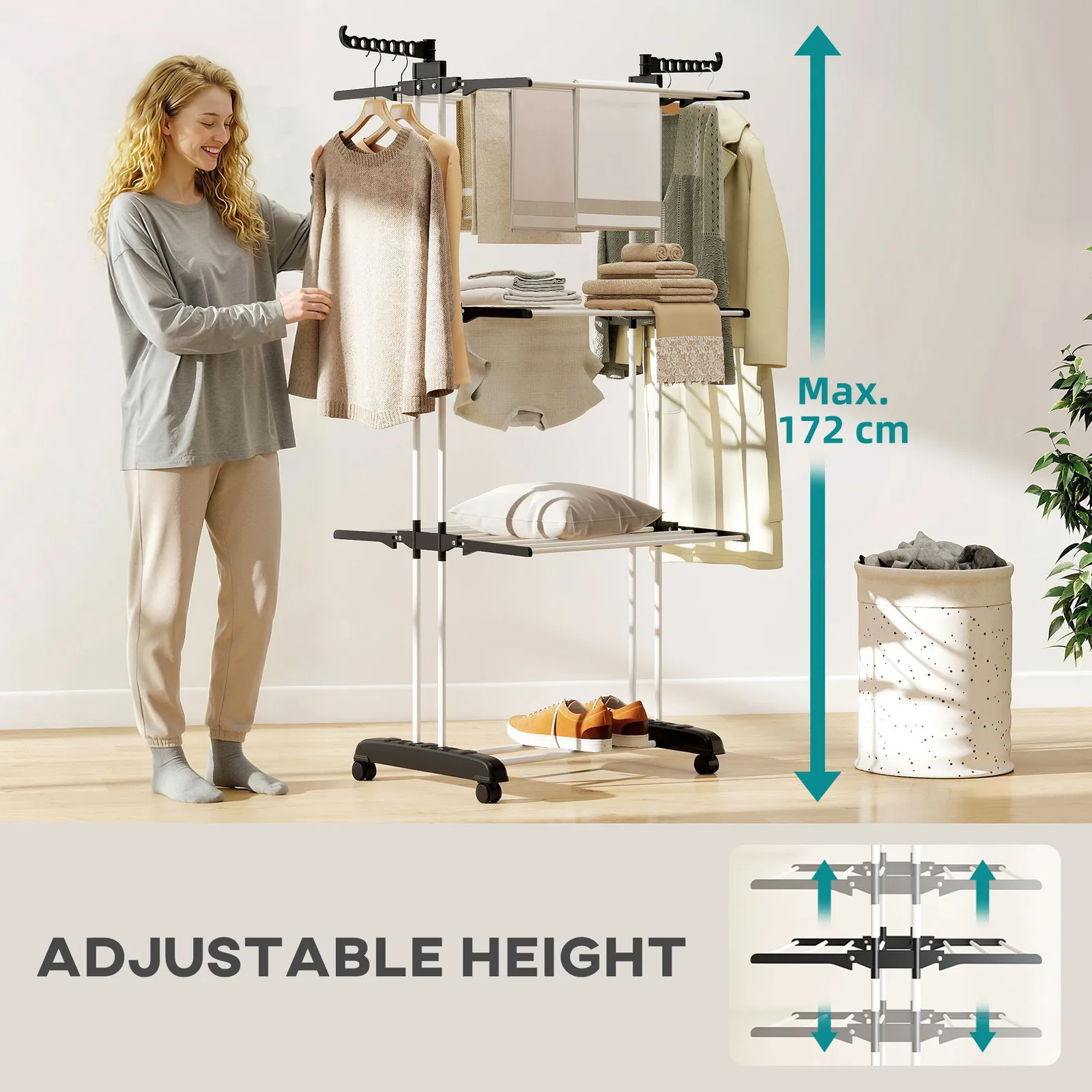 HOMCOM Foldable Clothes Drying Rack Steel Garment Dryer with Casters Black 4
