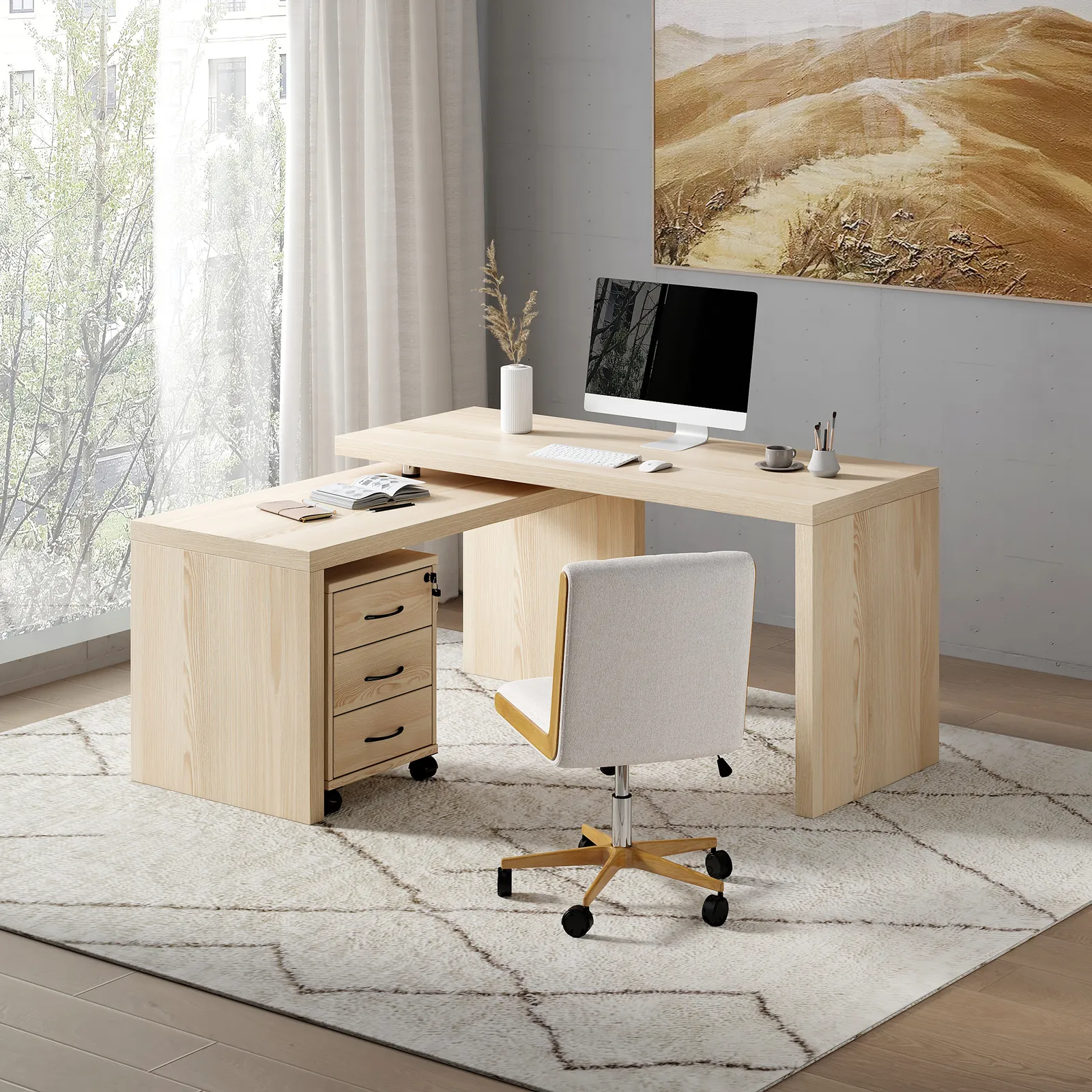 L Shaped Executive Office Desk with with Movable File Cabinet Distressed White Office Furniture (1520mm)