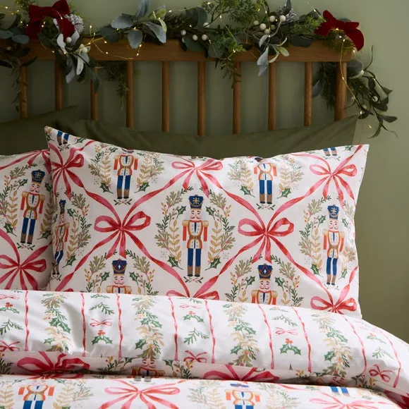 Catherine Lansfield Christmas Nutcracker Bows Polycotton Duvet Cover & Pillowcase Set 4