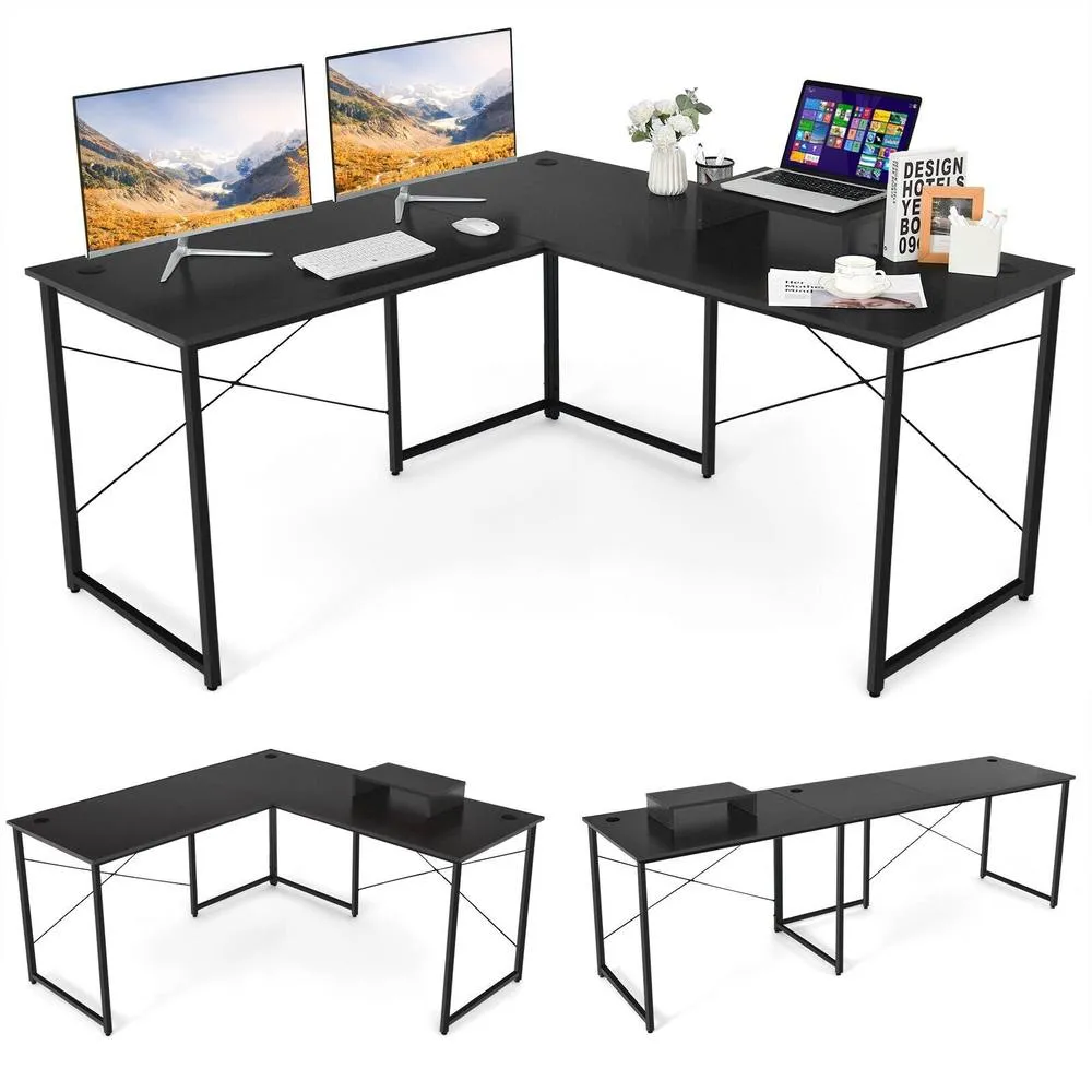 Costway L-Shaped Corner Computer Desk Reversible Study Writing Desk Workstation Home Office Laptop Black 6
