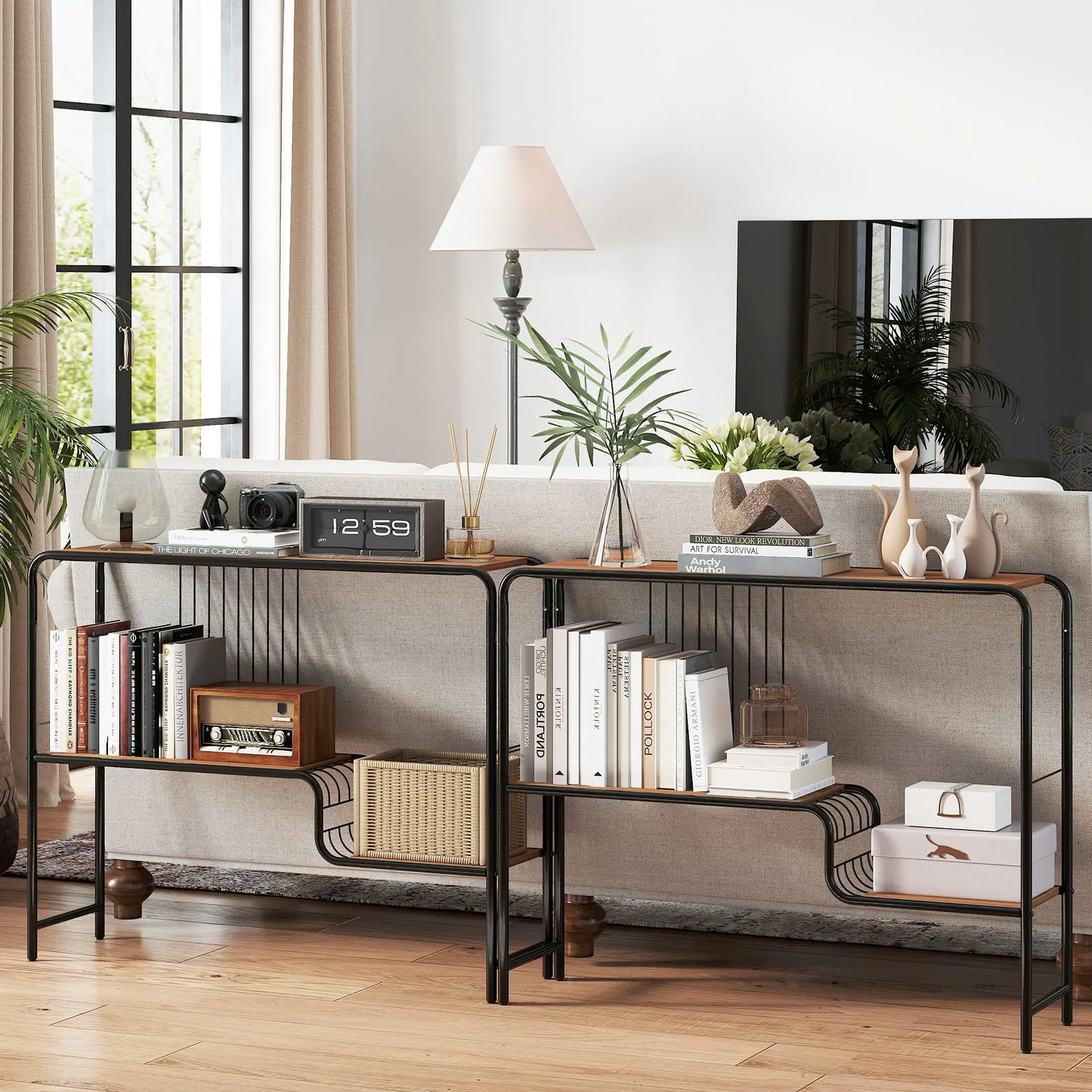 Costway Console Table Entryway Table with Storage Shelf & Metal Frame-Coffee in Walnut 6