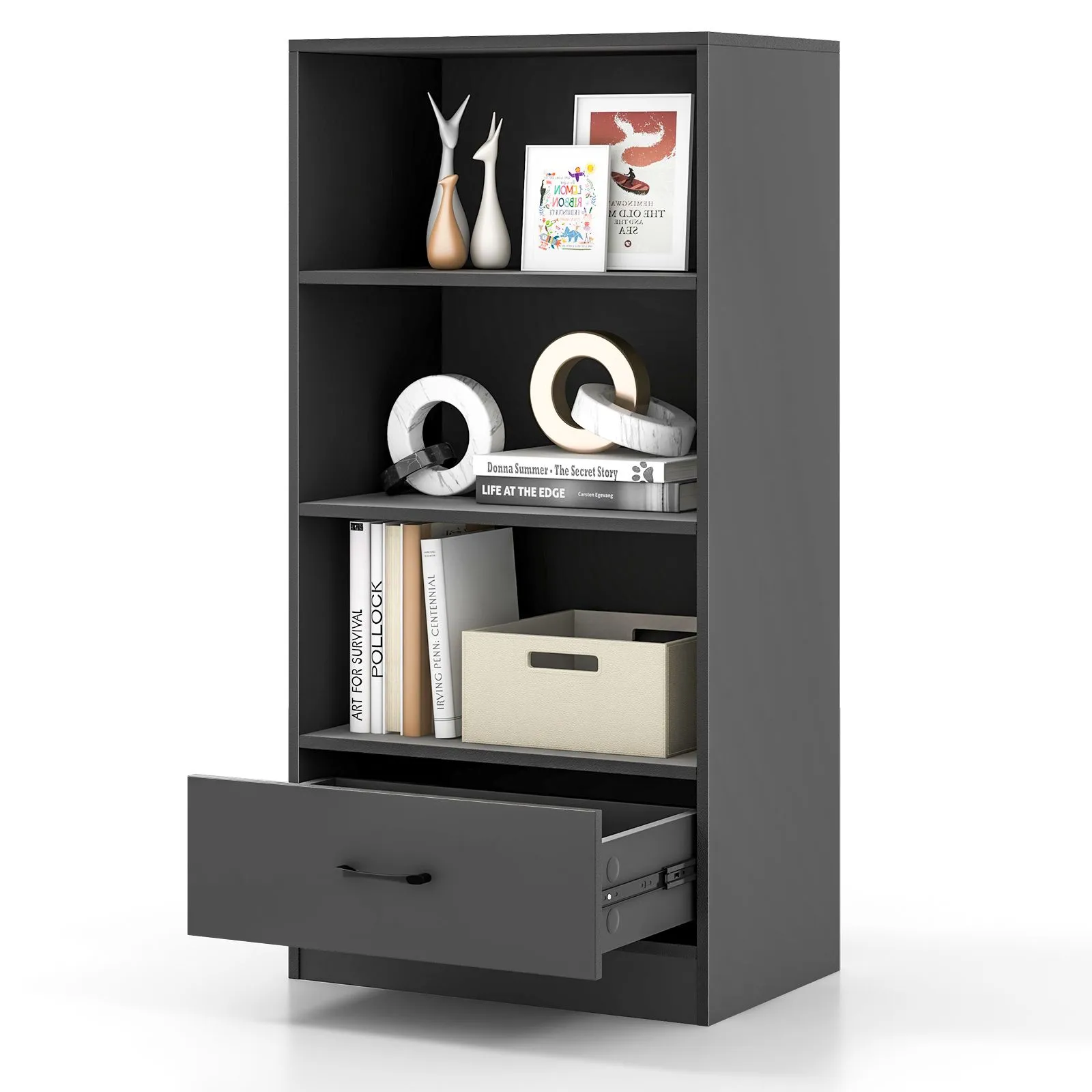 Costway 4 Tiers Storage Shelf Wood Bookcase Floor Standing Display Shelf with Drawer in Grey 2