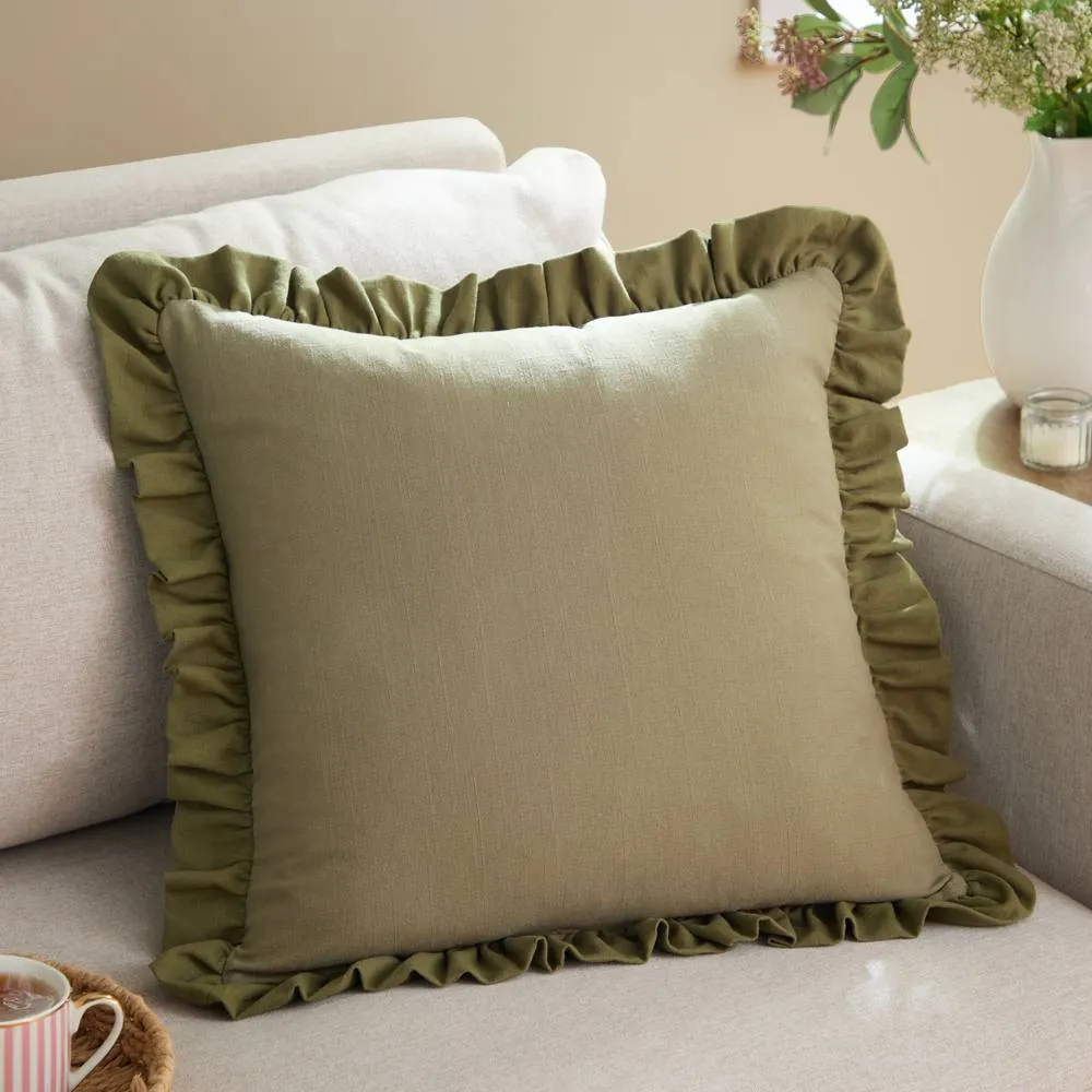 Wylder Effie 100% Cotton Plain Ruffle Cushion in Green 1