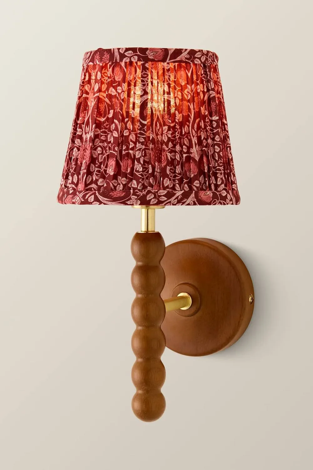ValueLights Bobbins Burgundy Floral Pleated Shade Wooden Bobble Wall Light in Walnut 3