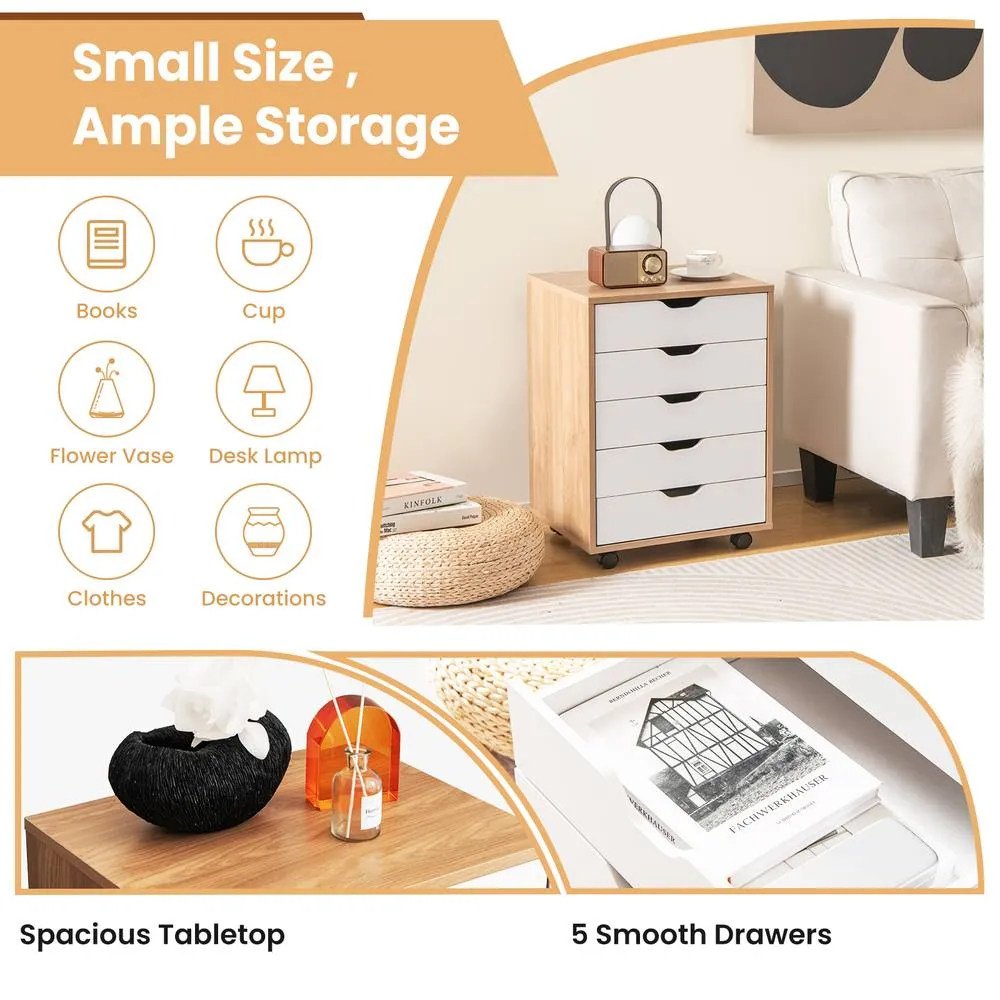 Costway 5 Drawer Rolling Storage Cabinet Mobile Chest of Drawers Wooden Dresser Organizer Coffee in Natural 3
