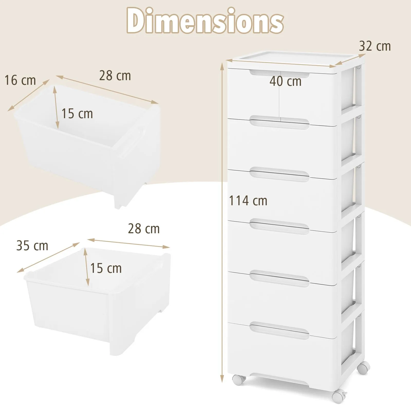 Costway 7 Drawer Rolling Cabinet Plastic Storage Cart 6 Tiers Drawer Dresser with Wheels in White 2