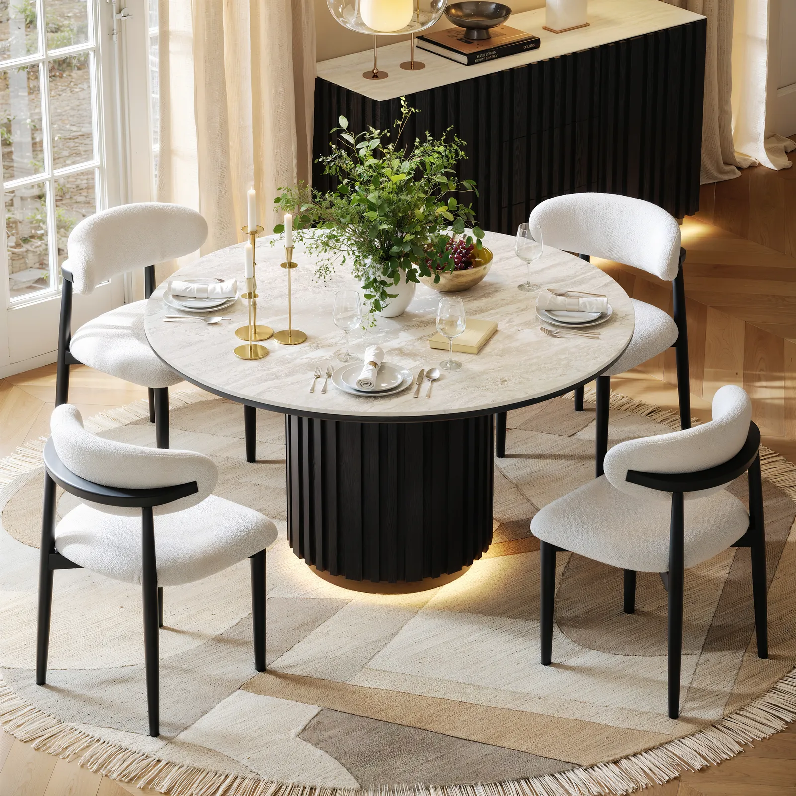Aura 120 cm Round Faux Travertine Sintered Stone Dining Table, Fluted Base, Seats 4