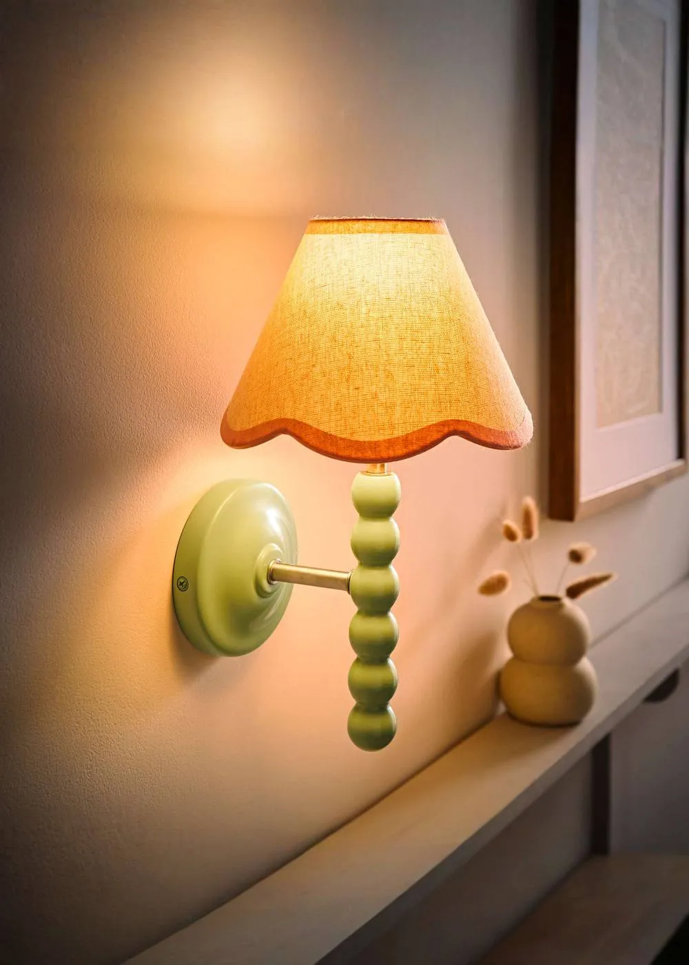 ValueLights Bobbins Sage Green Bobble Wall Light & Linen Pastel Trim Lamp Shade in Pale Pink 2