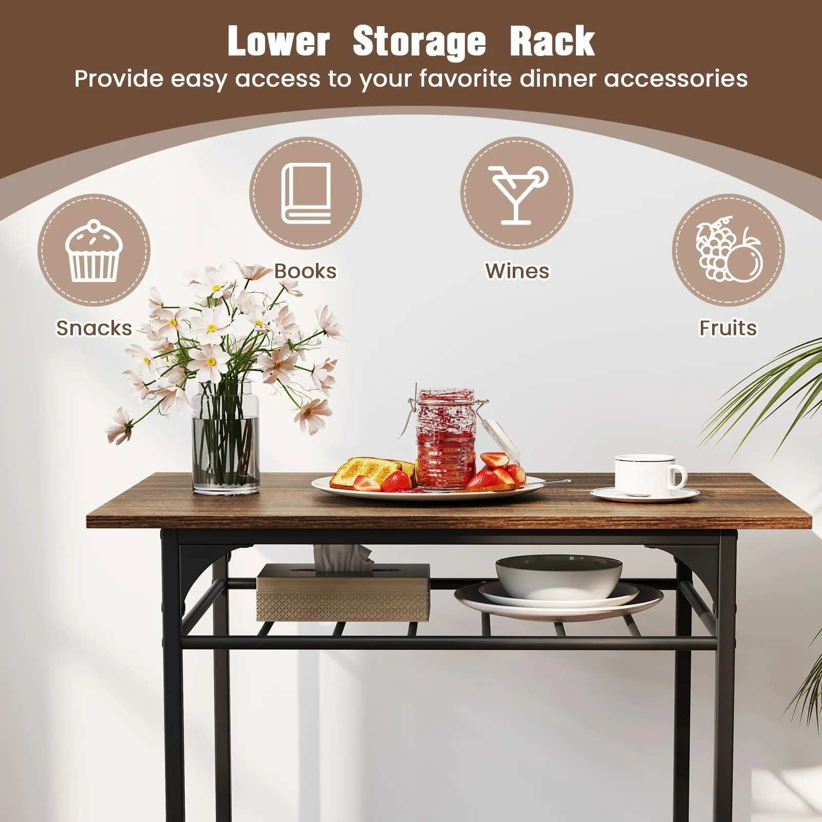 Costway Dining Table Set for 2 3-Piece Wood Rectangular Table & Chair Set w/ Metal Frame in Brown 4