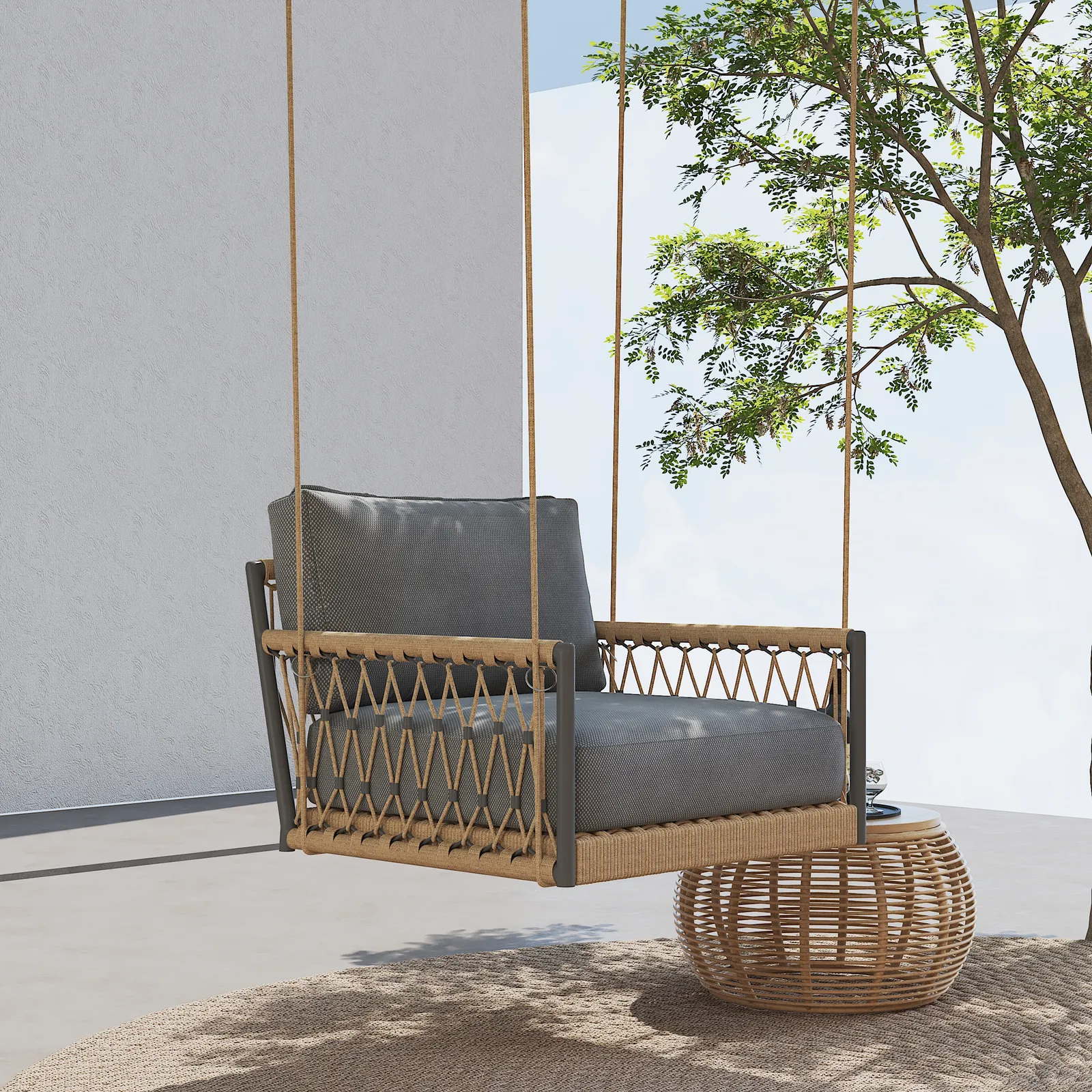 Ropipe Boho 1-Seater Khaki Woven Rope Garden Patio Swing Sofa with Grey Cushion