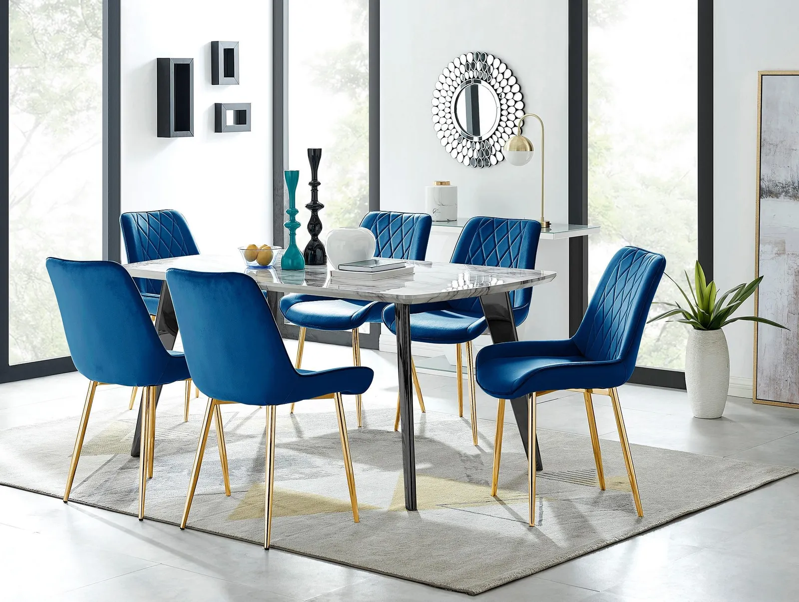 FurnitureboxUK Andria Marble Effect Dining Table With Black Legs & 6 Pesaro Velvet Gold Leg Chairs in Navy 1