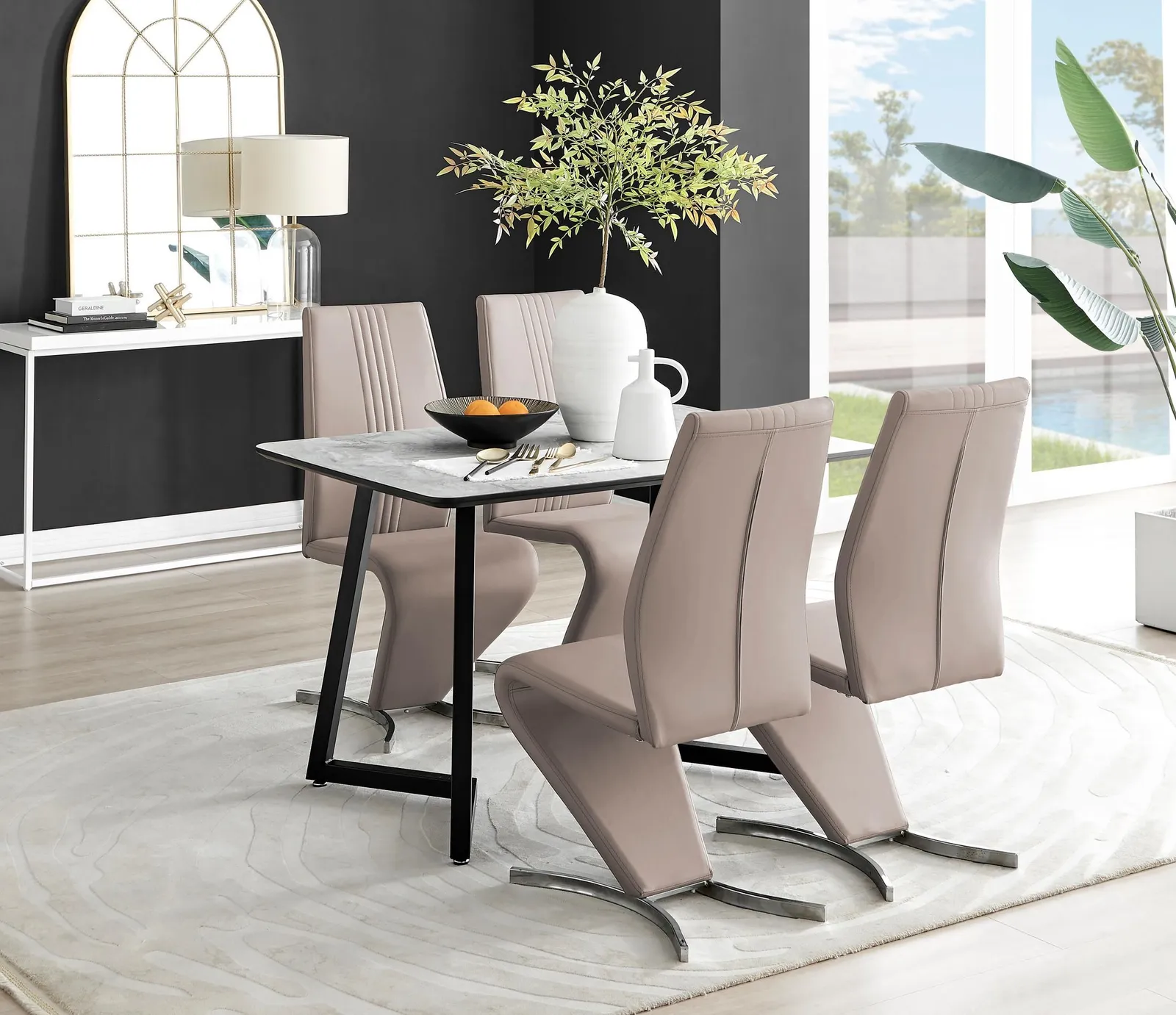 FurnitureboxUK Carson White Marble Effect Dining Table & 4 Willow Chairs in Beige 1