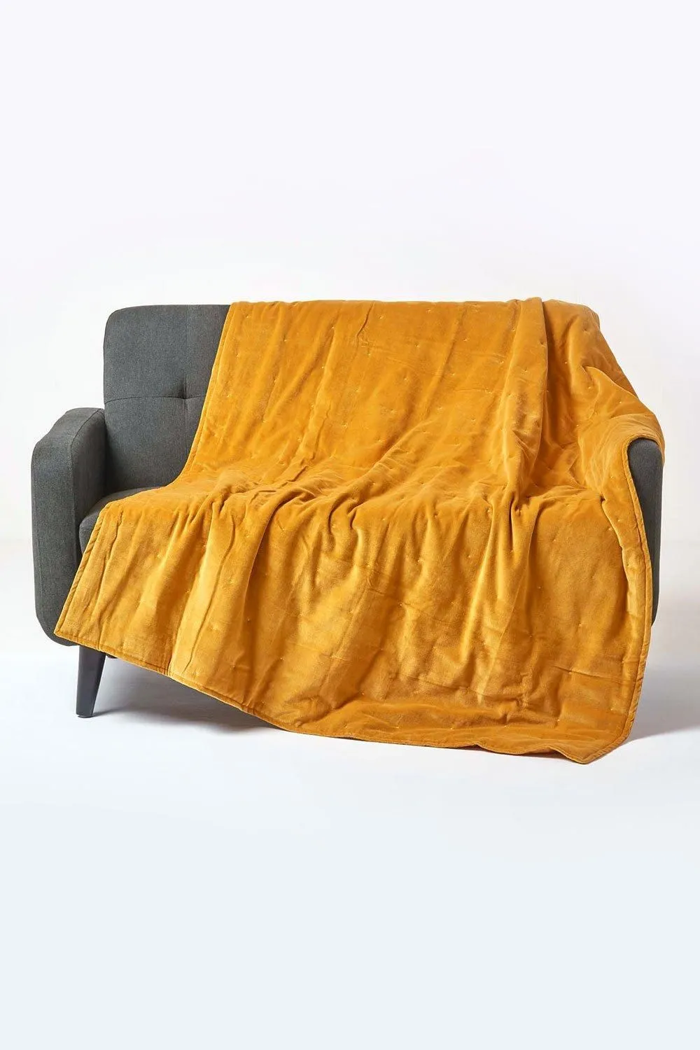 Homescapes Velvet Quilted Throw 100% Cotton, Soft & Luxurious Blanket in Mustard