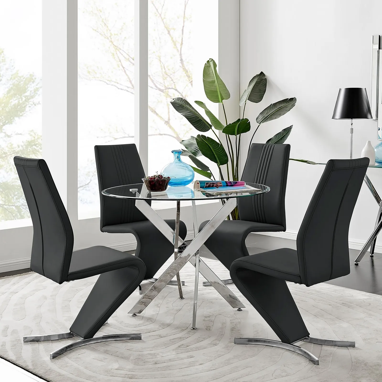 FurnitureboxUK Novara Round 100cm Chrome Metal & Glass Dining Table & 4 Willow Dining Chairs Set in Black