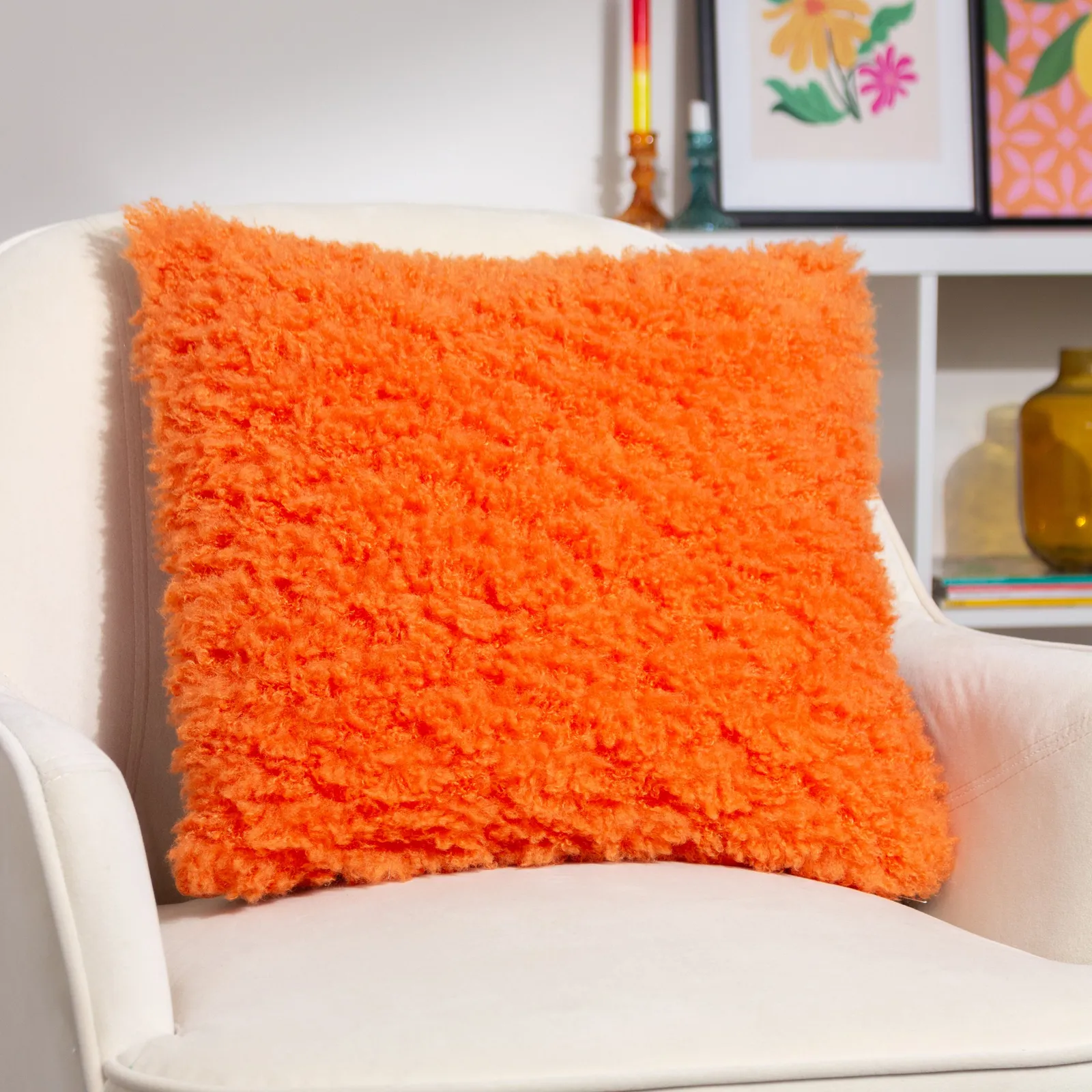Heya Home Fluff Ball Faux Fur Cushion in Orange