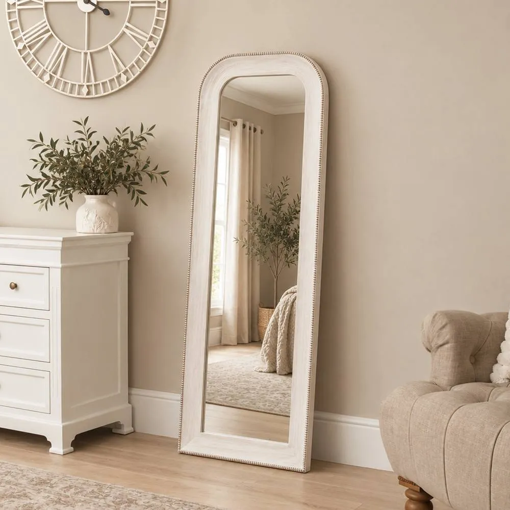 Melody Maison Elegant White Washed Beaded Full Length Wall Mirror - 142cm X 50cm