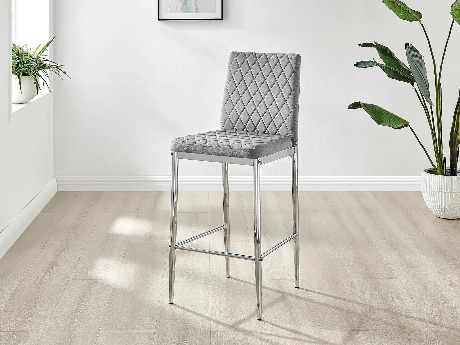 FurnitureboxUK Set of 2 Milan Soft Touch Hatched Velvet Padded Counter Stools With Silver Chrome Metal Legs in Grey 2