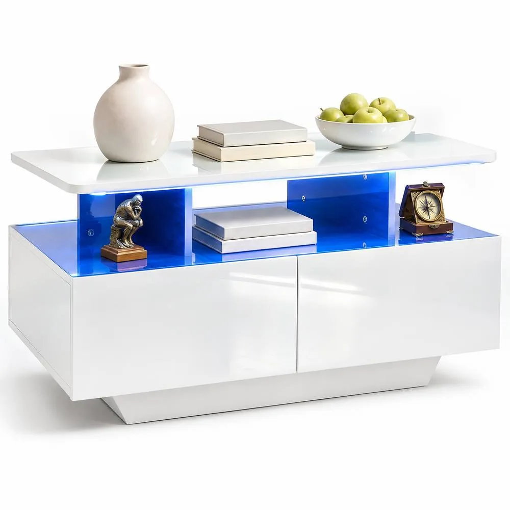 Costway Coffee Table 20-Colour Lighted High Glossy Center Table With 2 Drawers in White