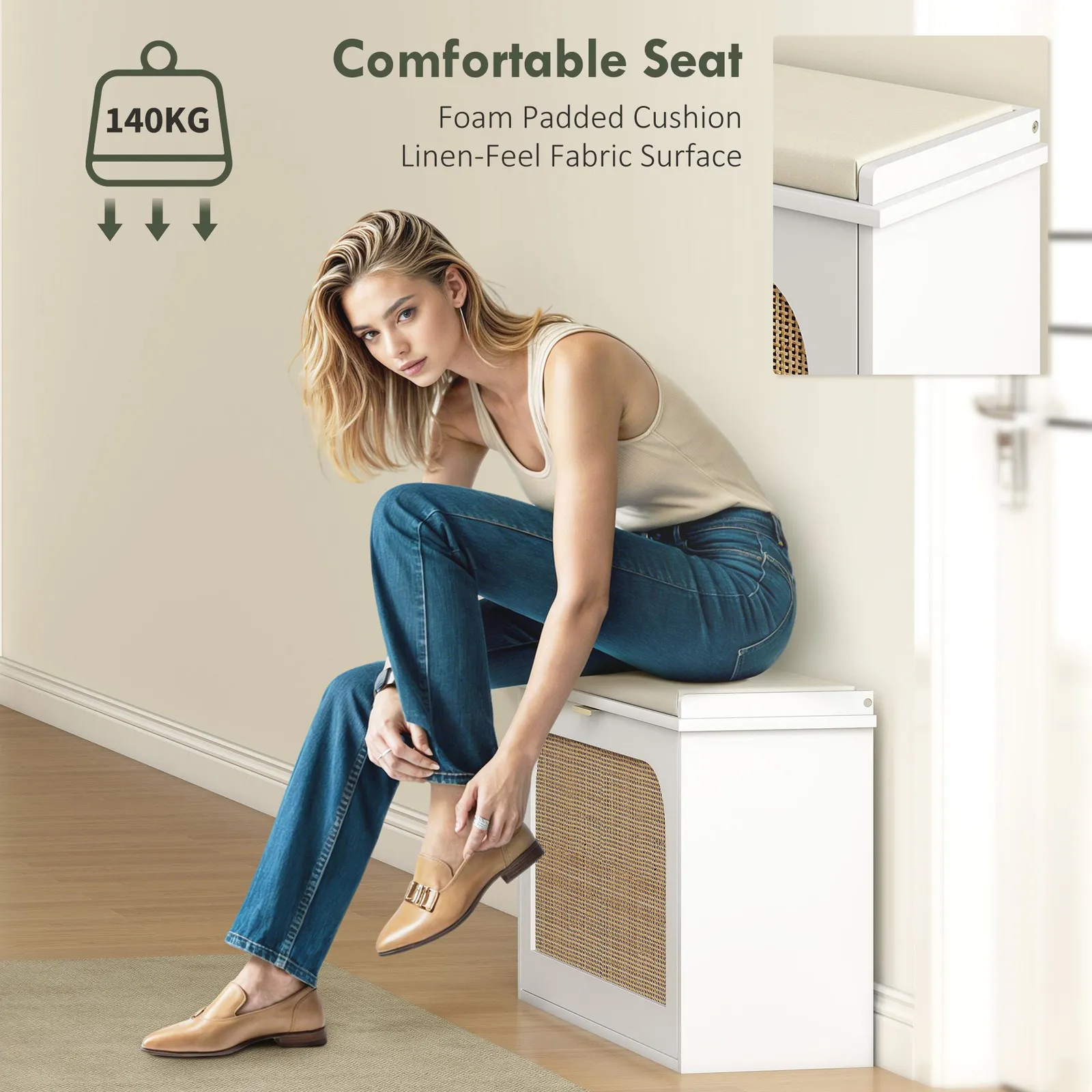 HOMCOM Boho Shoe Bench with Padded Seat & Flip-Drawer in White 6