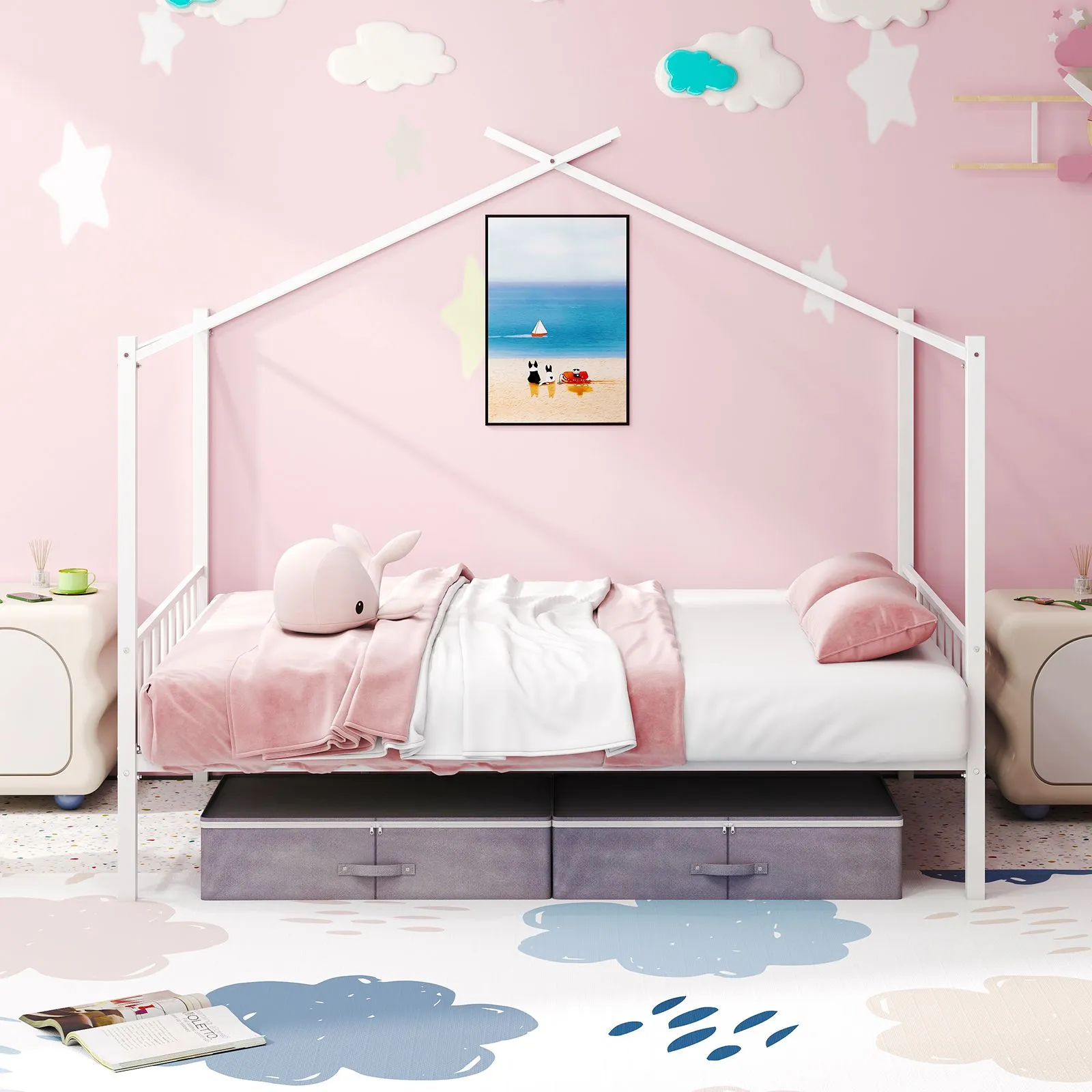 Costway Double Size House Bed Heavy-Duty Metal Platform Bed w/2 Drawers in White 4