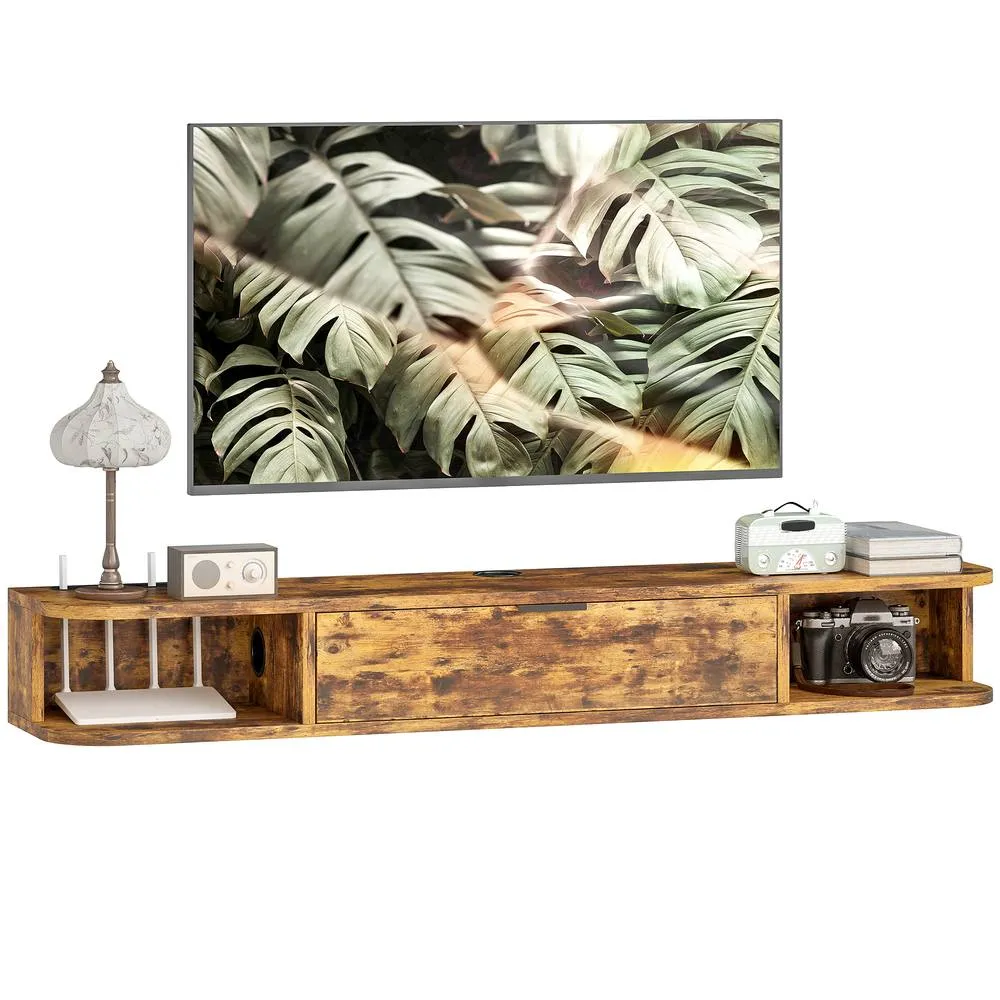 HOMCOM 120 cm Floating TV Unit with Flip Drawer & Shelves, Rustic Brown 2