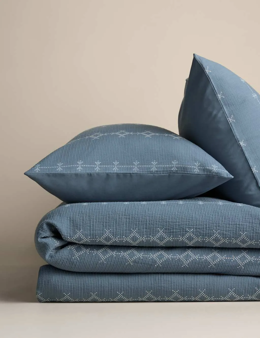 M&S Pure Cotton Cross-Stitch Jacquard Bedding Set Slate Blue