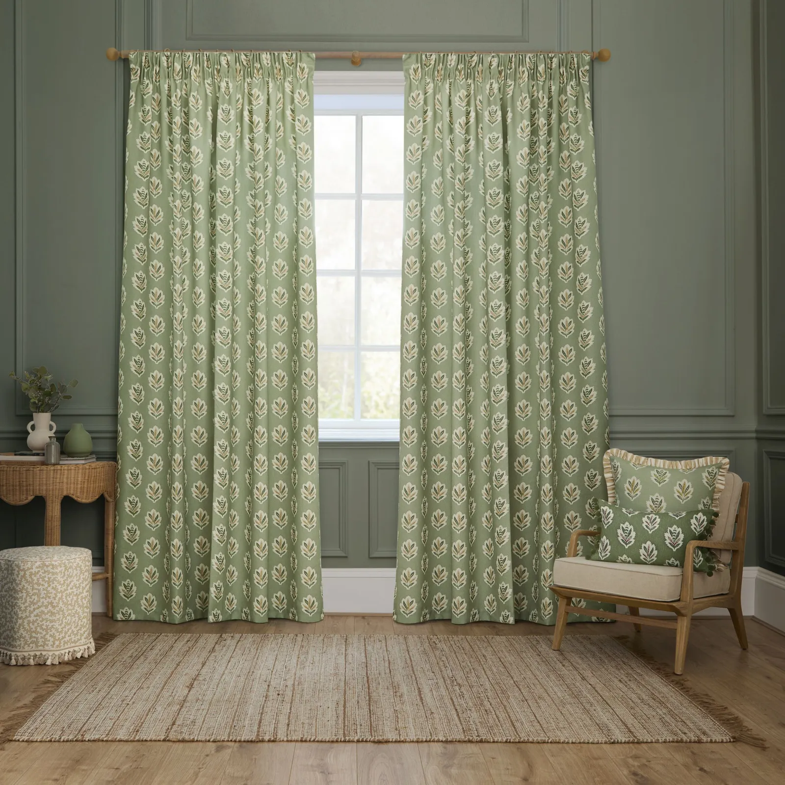 Sanderson Sessile Leaf Printed Room Darkening Pencil Pleat Curtains in Light Green 2