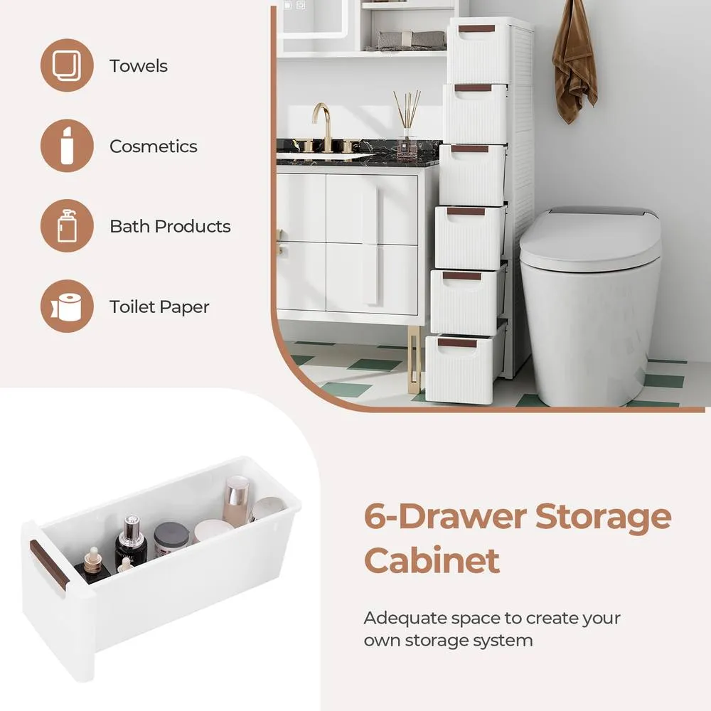 Costway 6 Drawer Tall Storage Cabinet w/4 Wheels Narrow Floor Cabinet Cupboard in White 6
