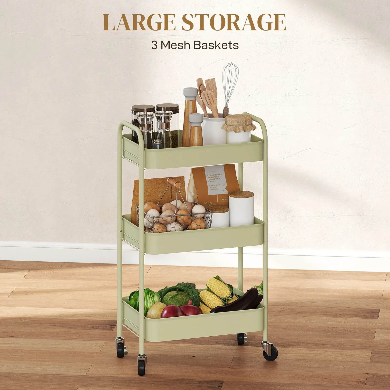 HOMCOM 3 Tier Rolling Utility Cart with 3 Mesh Basket in Green 4