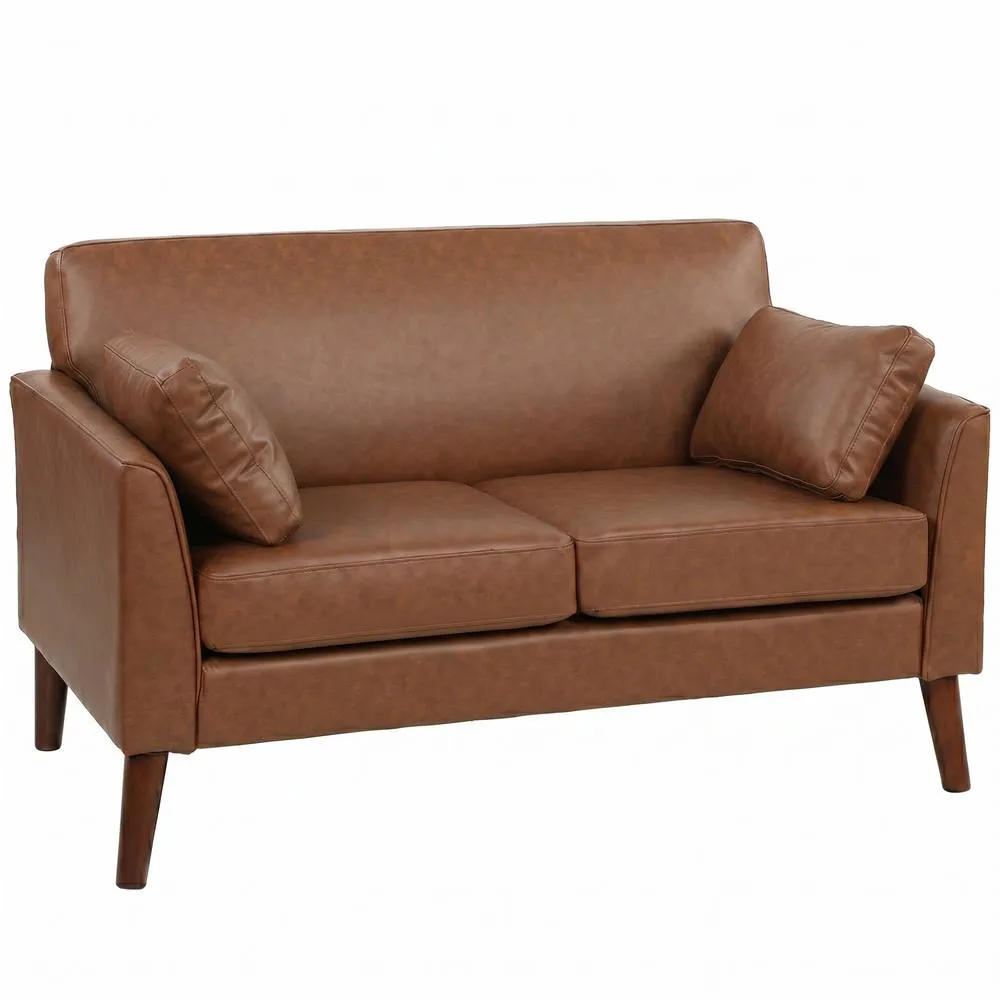 HOMCOM 2 Seater Sofa, 132 cm Modern Small Sofa with Solid Wood Legs, Brown 2