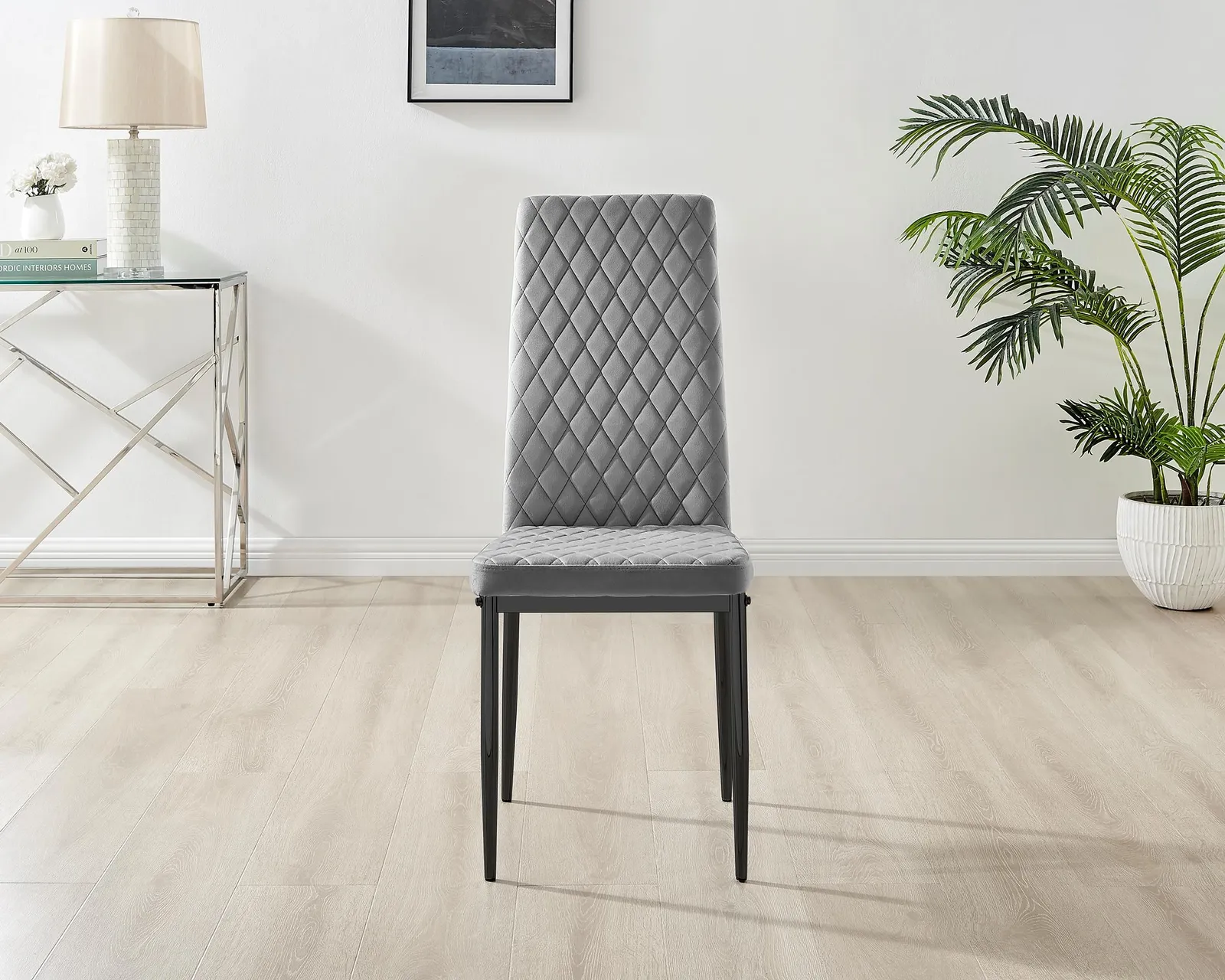 FurnitureboxUK Set of 4 Milan High Back Soft Touch Diamond Pattern Velvet Dining Chairs With Black Powder Coated Metal Legs in Grey 4