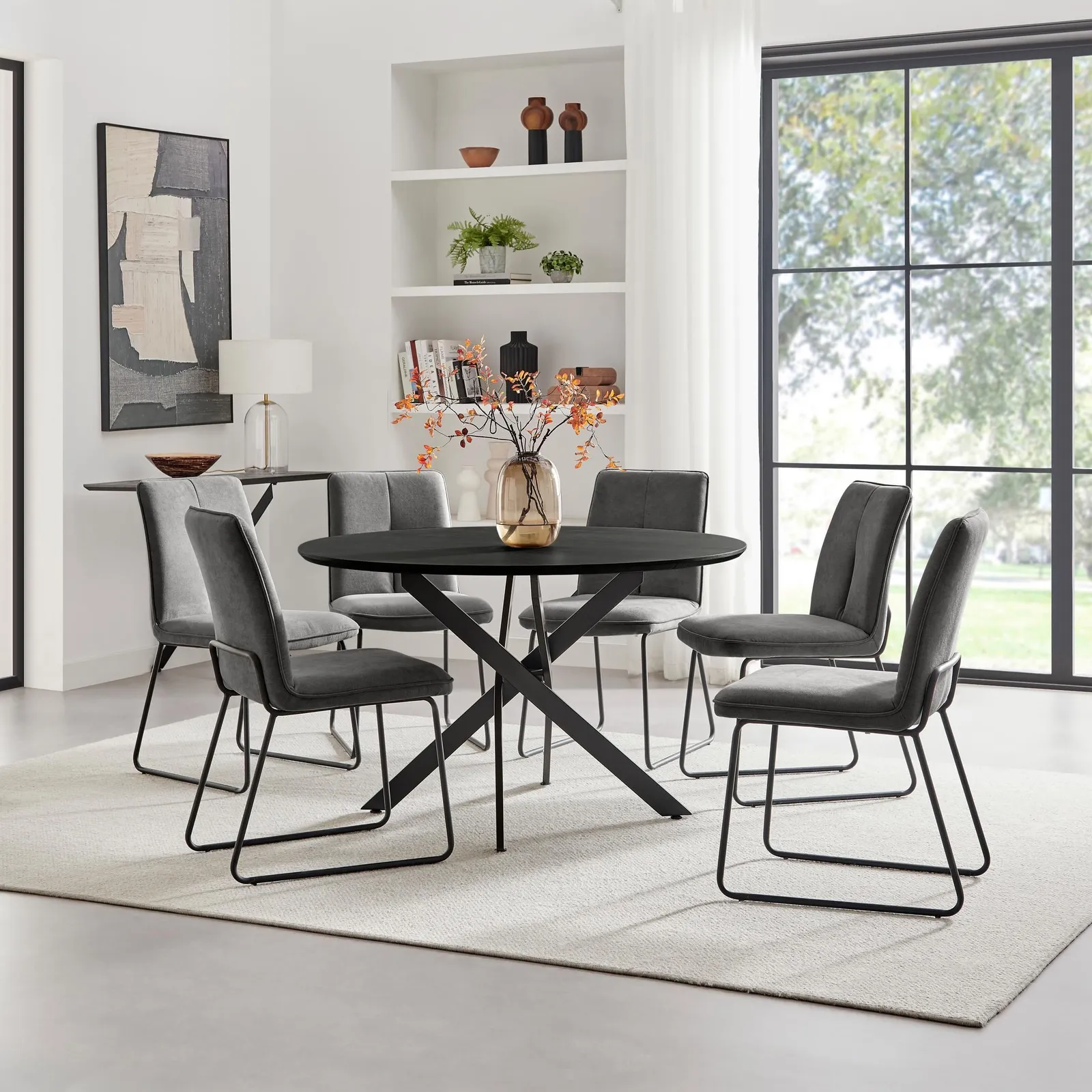 FurnitureboxUK Novara Black Top Dining Table & 6 Halley Fabric Chairs in Dark Grey