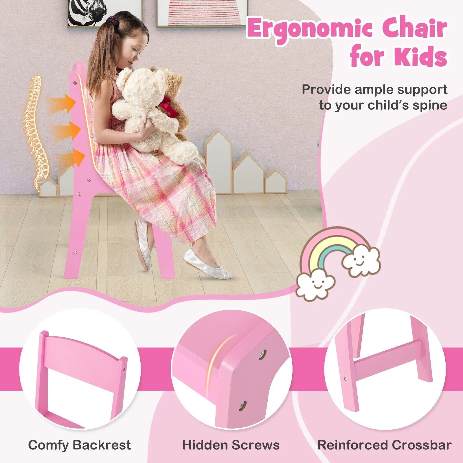 Costway 2-in-1 Dressing Table & Chair Set Vanity Table Desk w/ Removable Mirrors in Pink 4