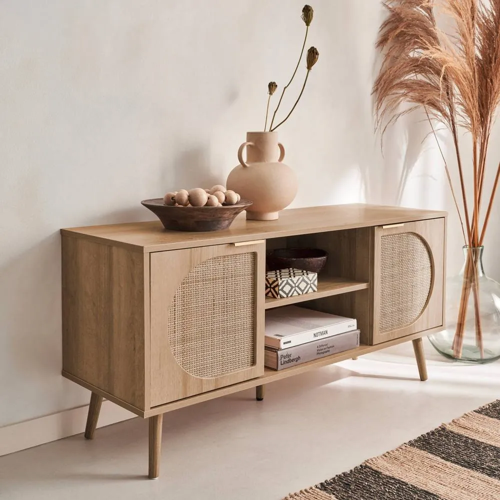 sweeek 120cm TV unit woodenn effect rounded cane rattan 2 doors in Beige 6