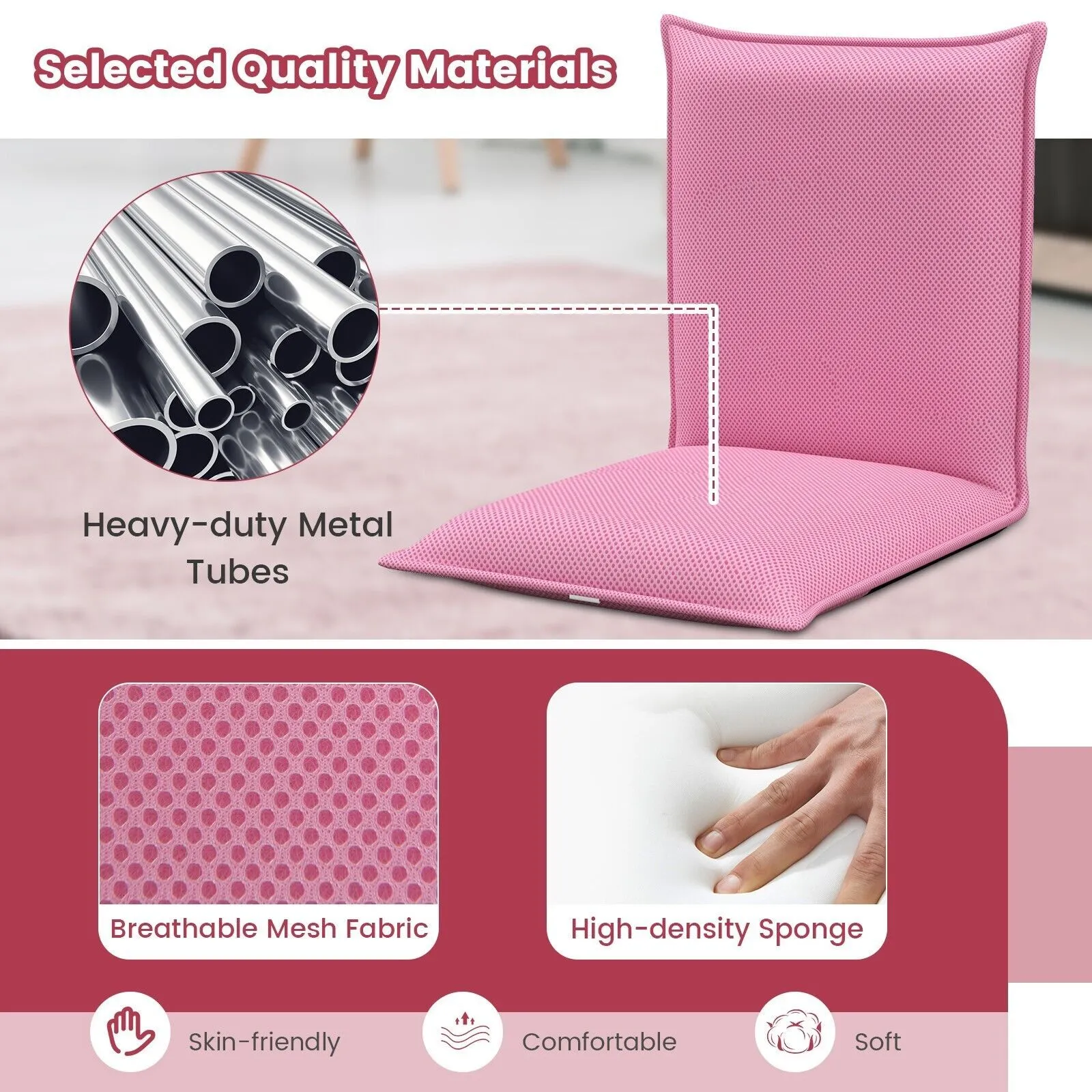 Costway Lazy Sofa Floor Chair Foldable Gaming Chair Recliner With 6 Adjustable Positions in Pink 6