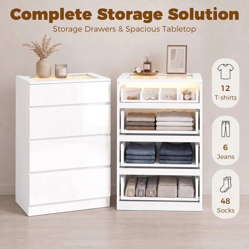 HOMCOM High Gloss 4 Drawer Chest of Drawers with Glass Top RGB LED Lights in White 6