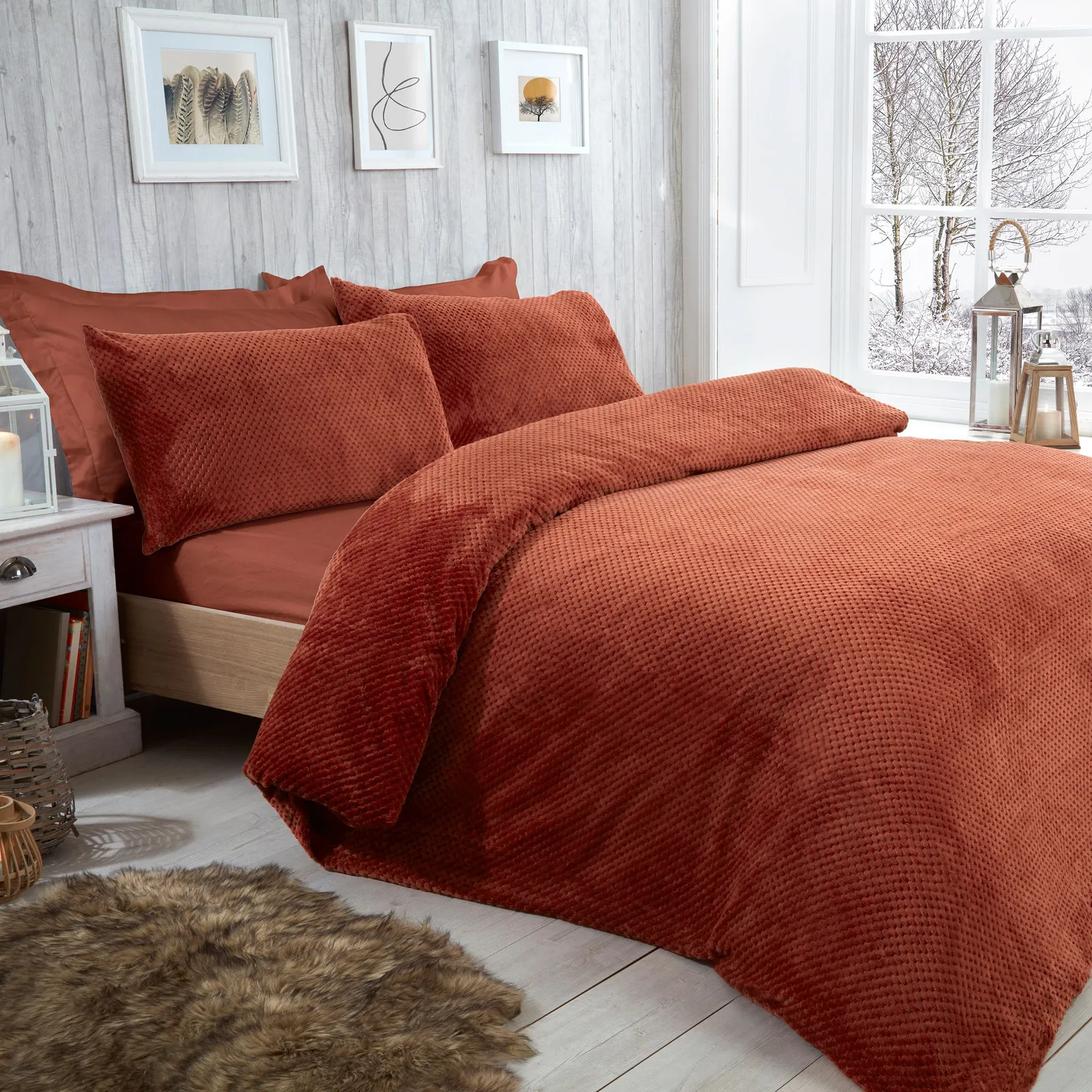 Smart Living Luxury Super Soft & Reversible Waffle Teddy Fleece Duvet Set in Burnt Orange 1