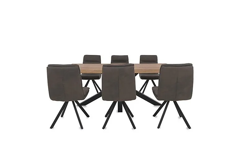 Njord 160cm Compact Raw Edge Dining Table with Metal Star Base and 6 Anthracite Fabric Swivel Chairs - Old Bassano