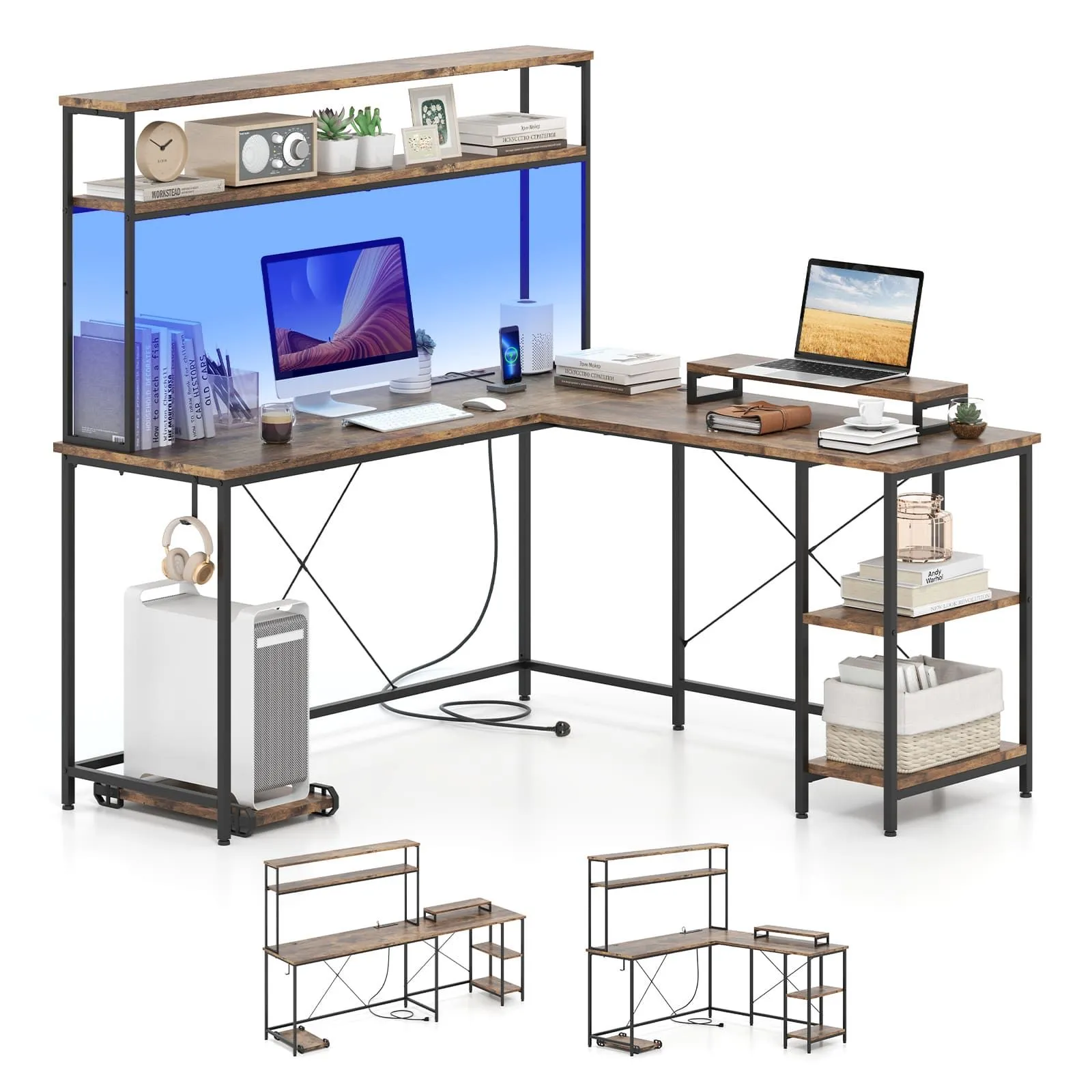 Costway L-Shaped Gaming Desk Reversible Corner Computer Desk w/LED Strip in Brown